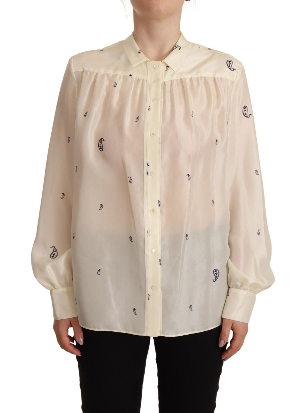 Aspesi Off White 100% Silk Long Sleeves Collared Top Blouse | Regal Royce