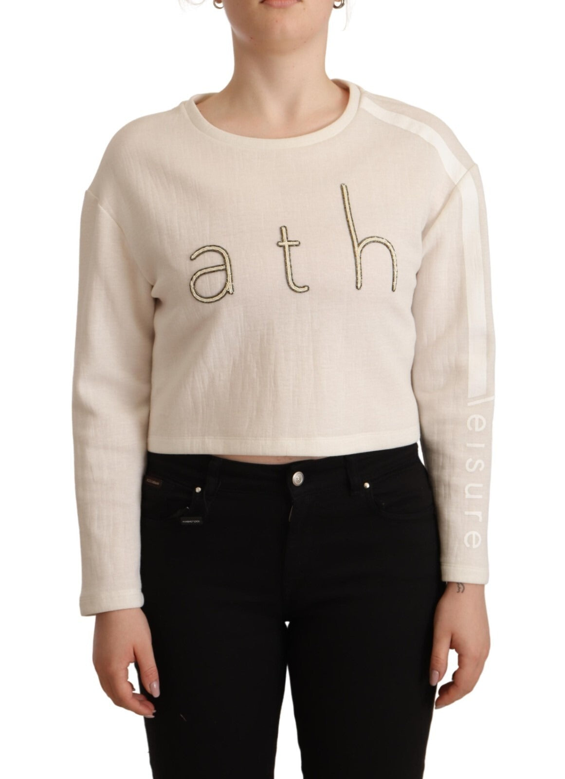 PINKO Beige Logo Long Sleeve Cropped Pullover Sweater | Regal Royce