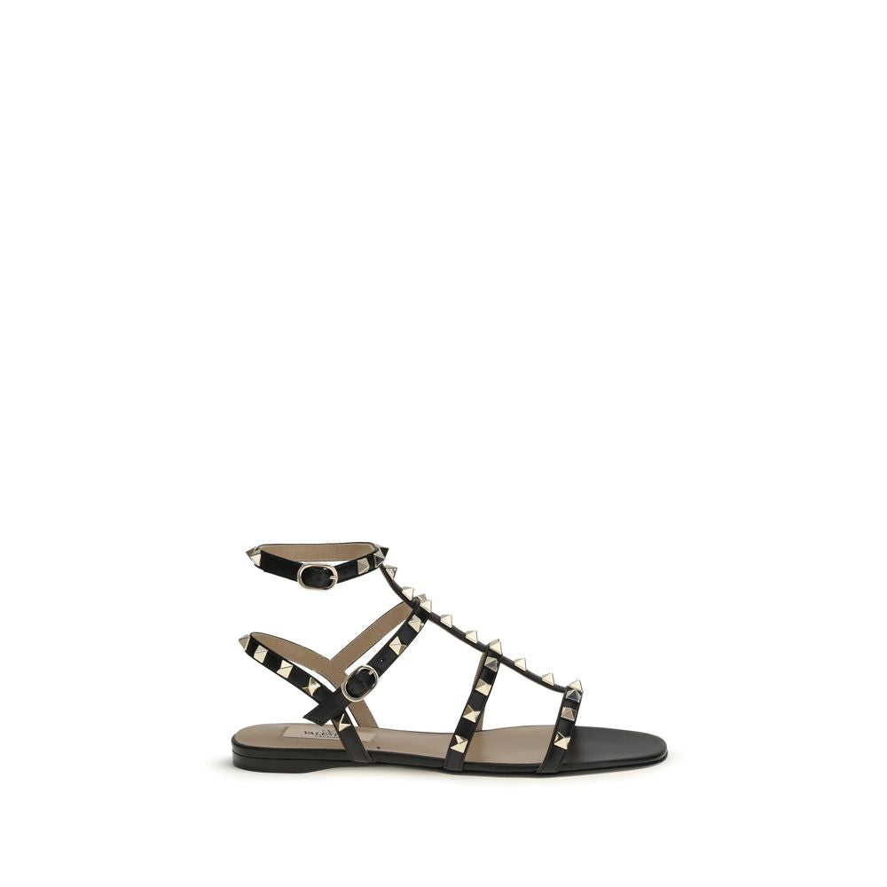Valentino Garavani Black Calf Leather Bos Taurus Flat Sandals | Regal Royce