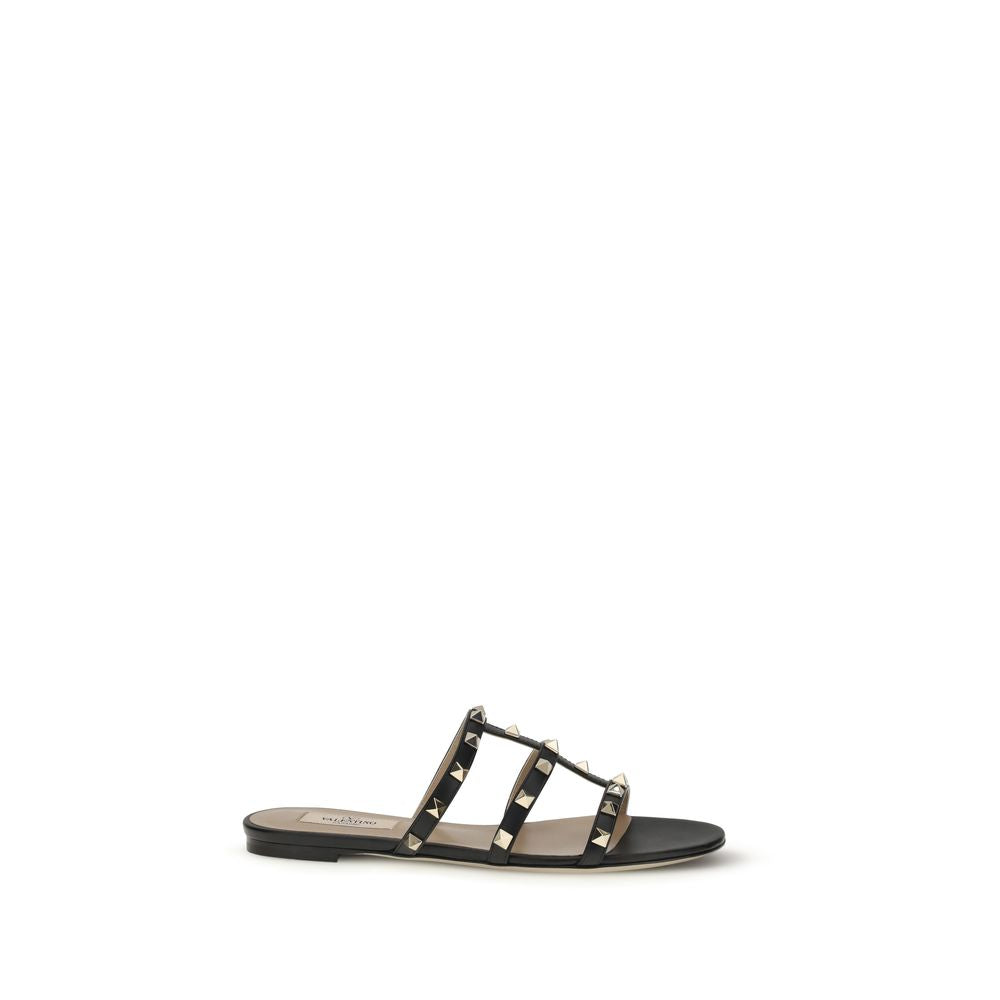 Valentino Garavani Black Calf Leather Bos Taurus Flat Sandals | Regal Royce