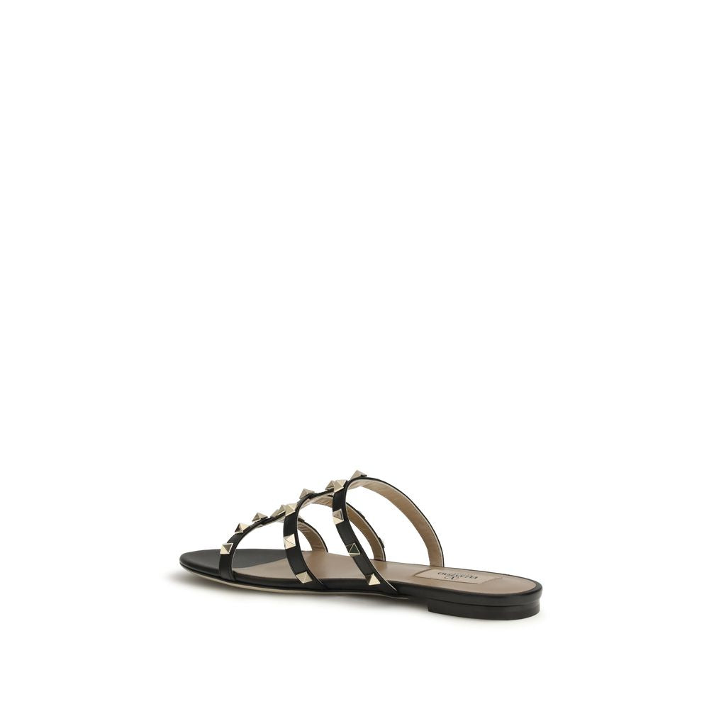 Valentino Garavani Black Calf Leather Bos Taurus Flat Sandals | Regal Royce