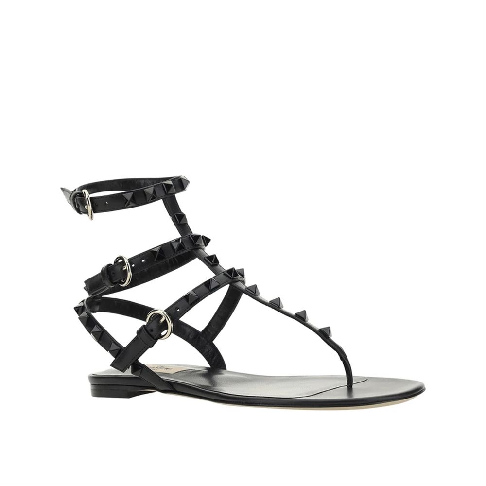 Valentino Garavani Black Calfskin Flat Sandals | Regal Royce