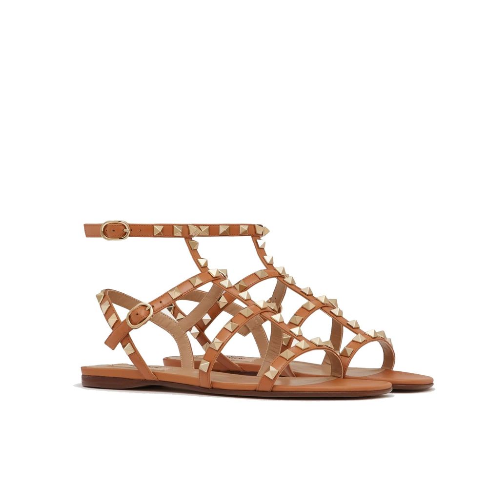 Valentino Garavani Brown Leather Flat Sandals | Regal Royce