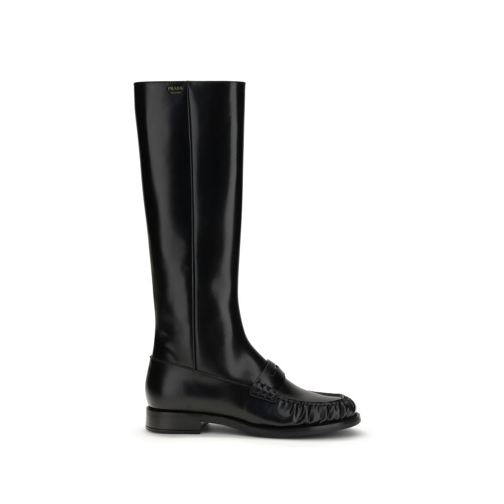 Prada Black Calf Leather Bos Taurus Flat Boots | Regal Royce
