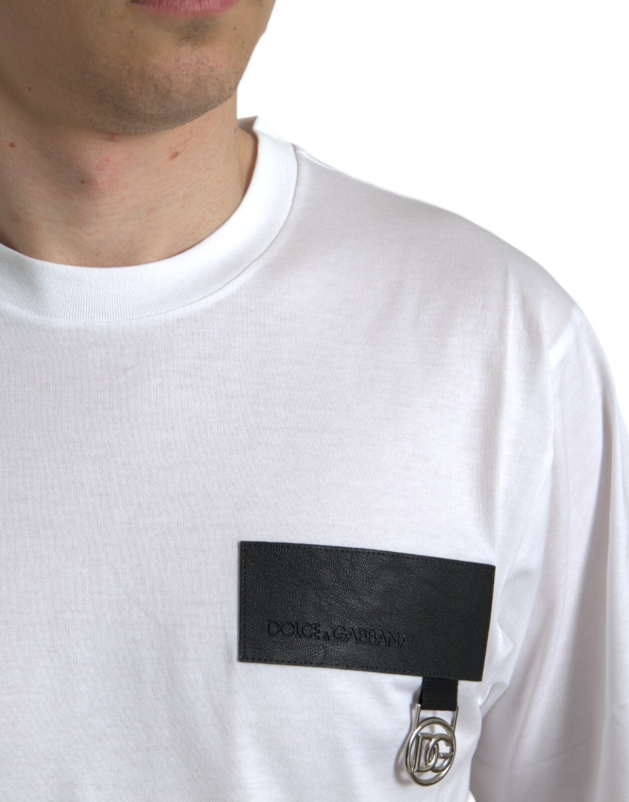 Dolce & Gabbana White Logo Patch Cotton Crew Neck T-shirt | Regal Royce