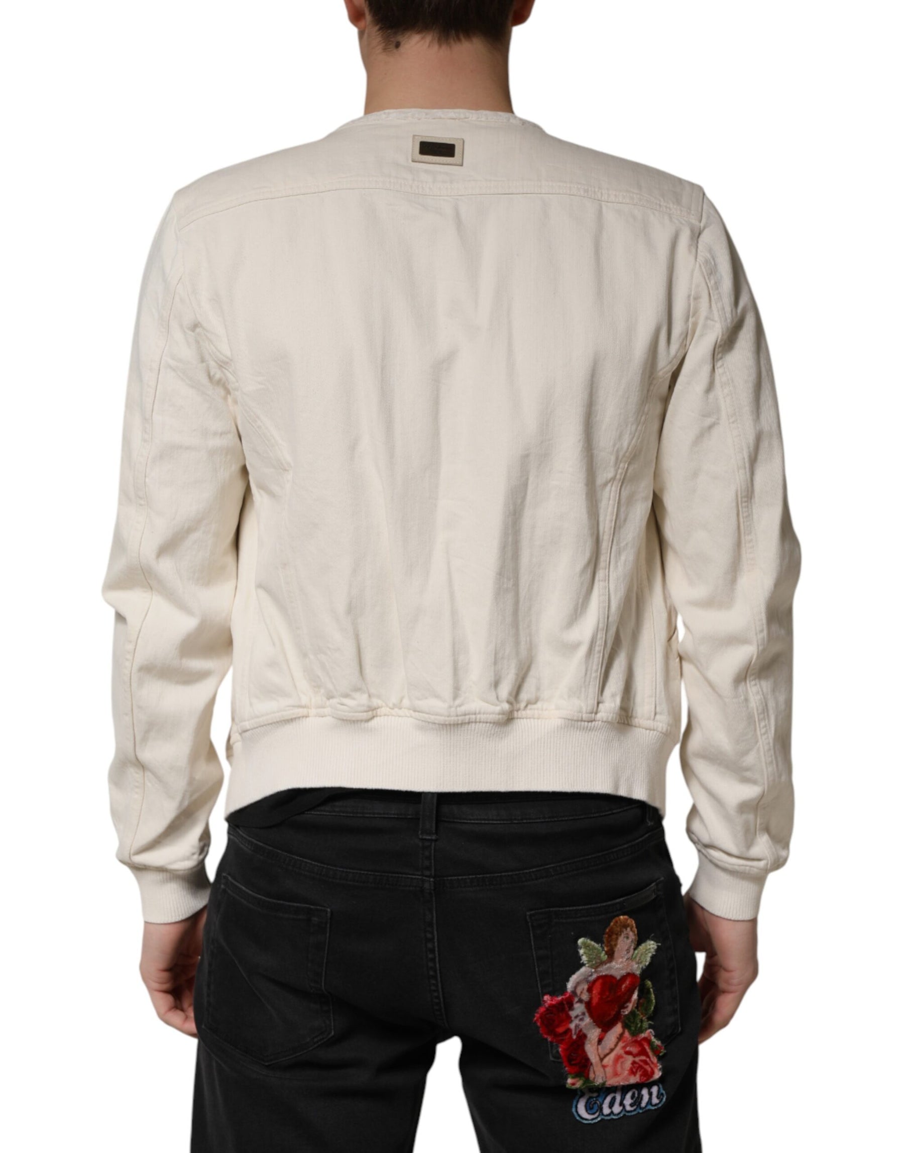 Dolce & Gabbana Off White Cotton Full Zip Denim Men Blouson Jacket | Regal Royce