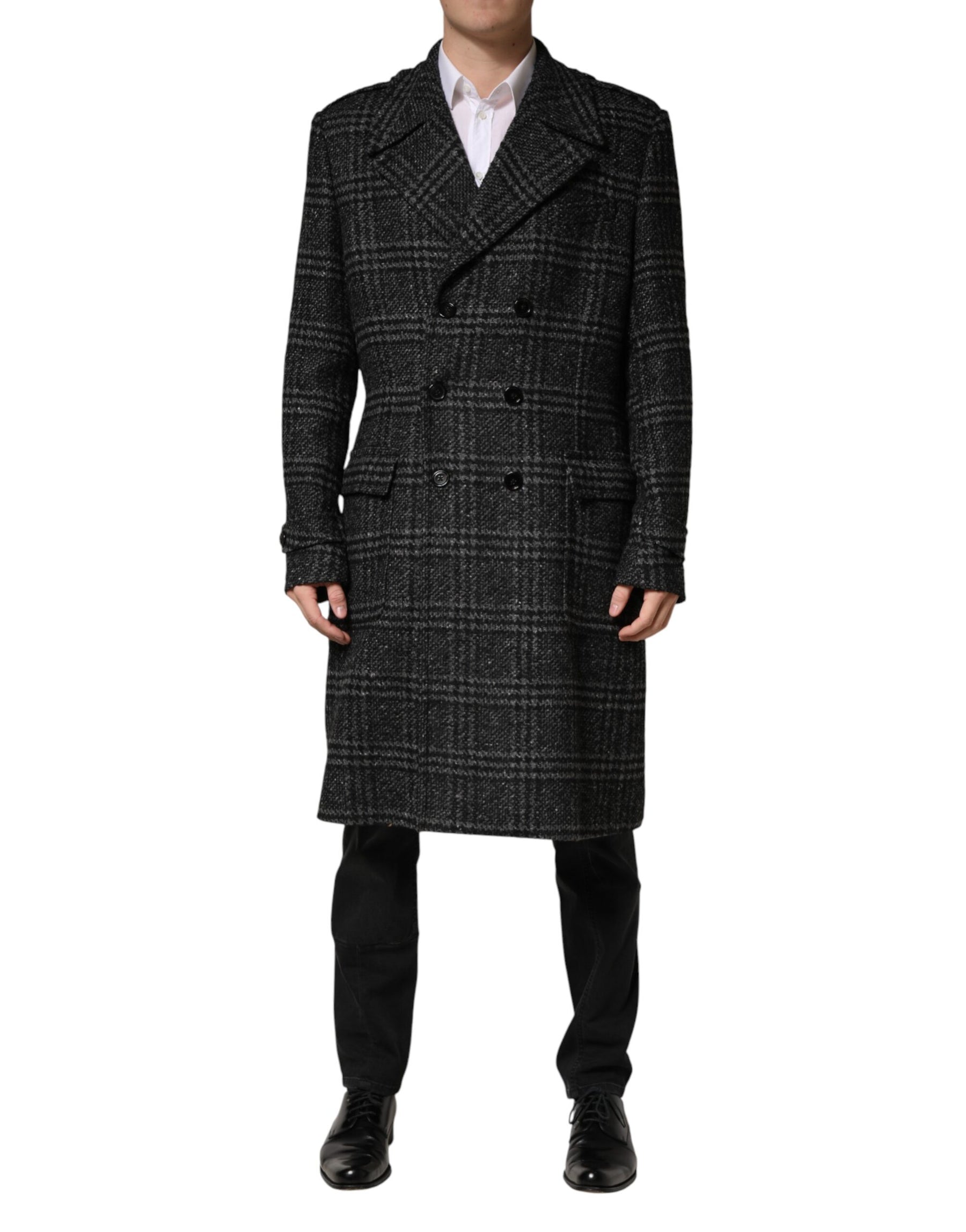 Dolce & Gabbana Grey Double Breasted Plaid Wool Coat Jacket | Regal Royce