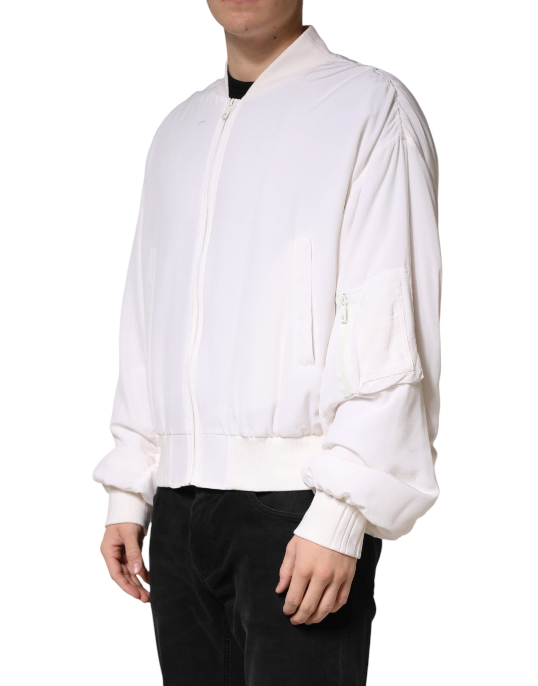 Dolce & Gabbana White Silk Full Zip Bomber Blouson Jacket | Regal Royce