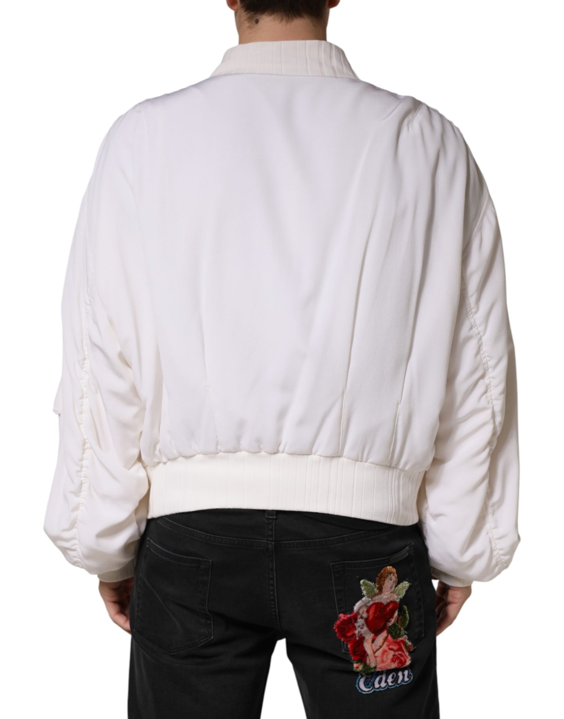 Dolce & Gabbana White Silk Full Zip Bomber Blouson Jacket | Regal Royce