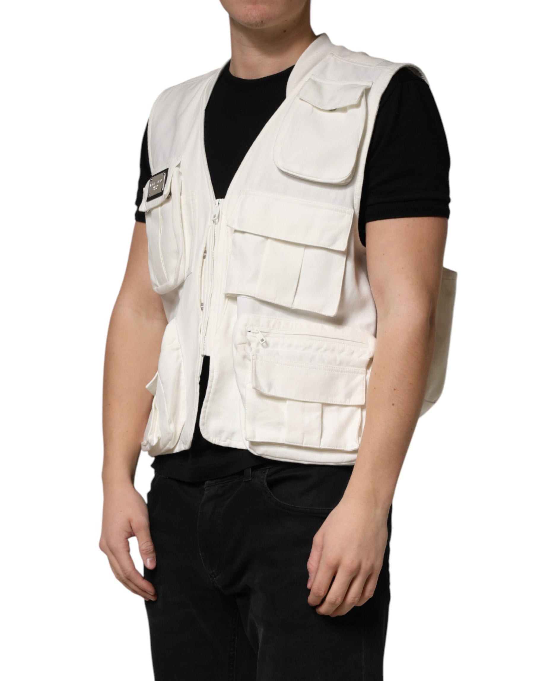Dolce & Gabbana White Cotton Cargo Men Vest Coat Jacket | Regal Royce