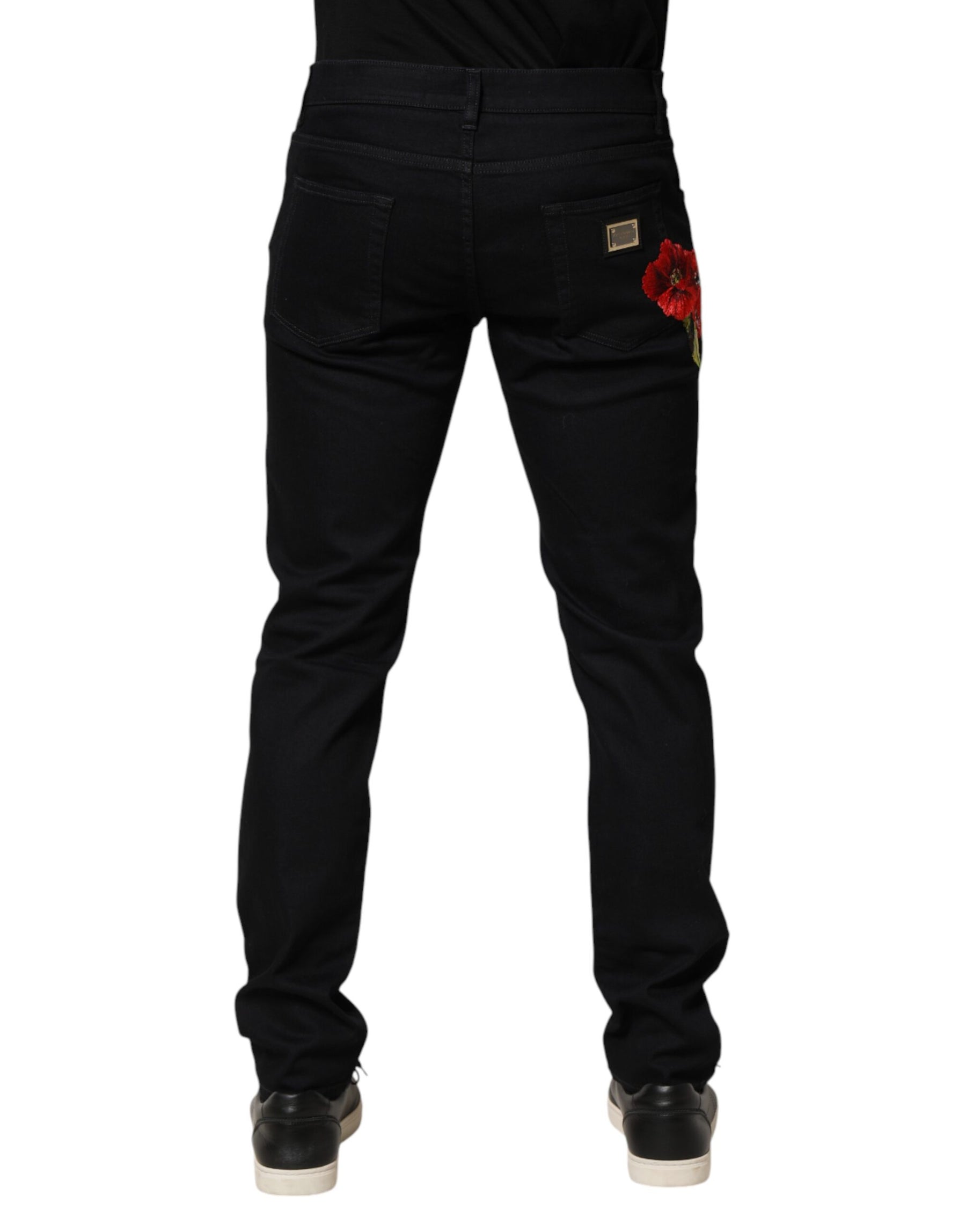 Dolce & Gabbana Black Floral Cotton Skinny Men Denim Jeans | Regal Royce