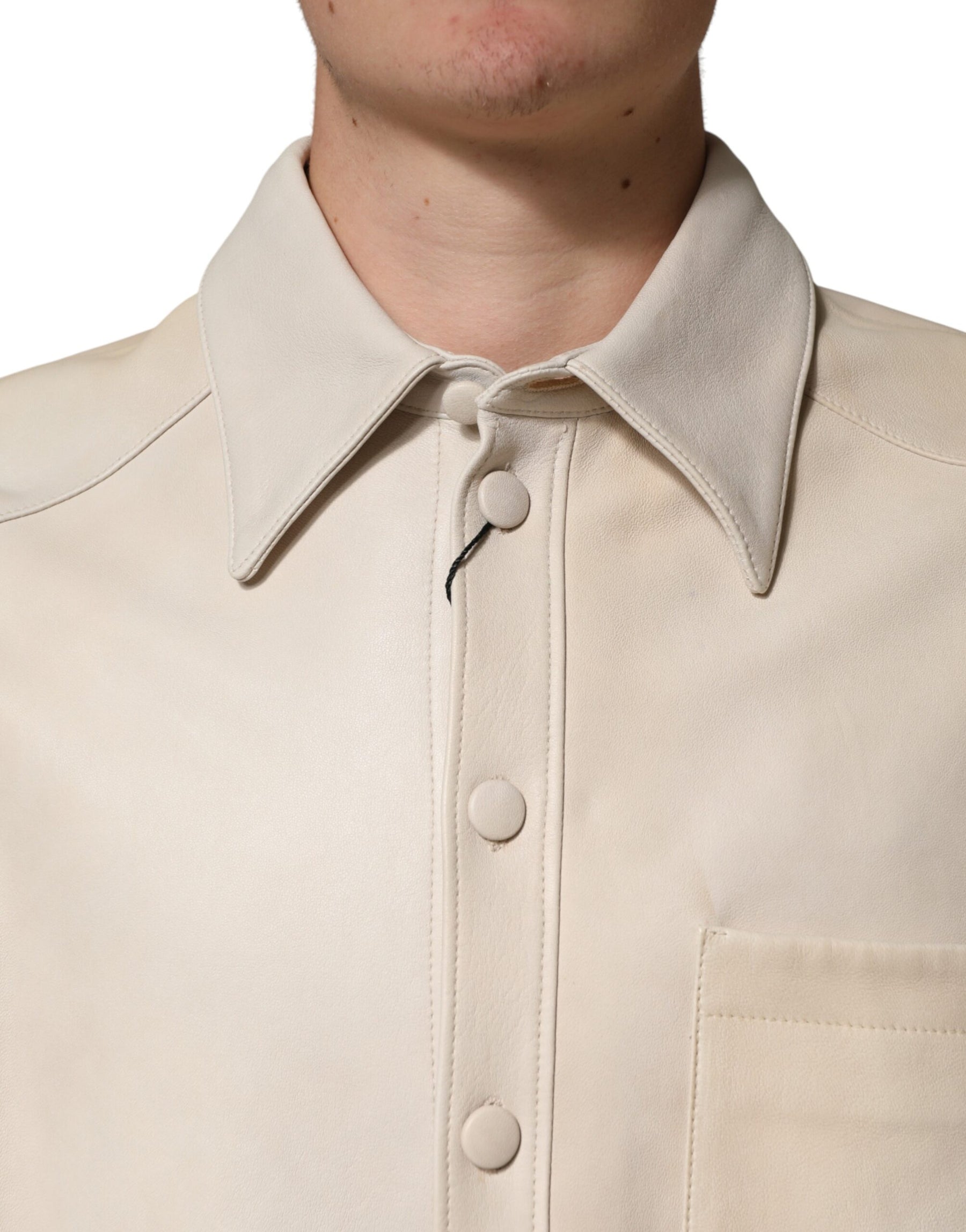 Dolce & Gabbana Beige Leather Button Down Men Casual Shirt | Regal Royce