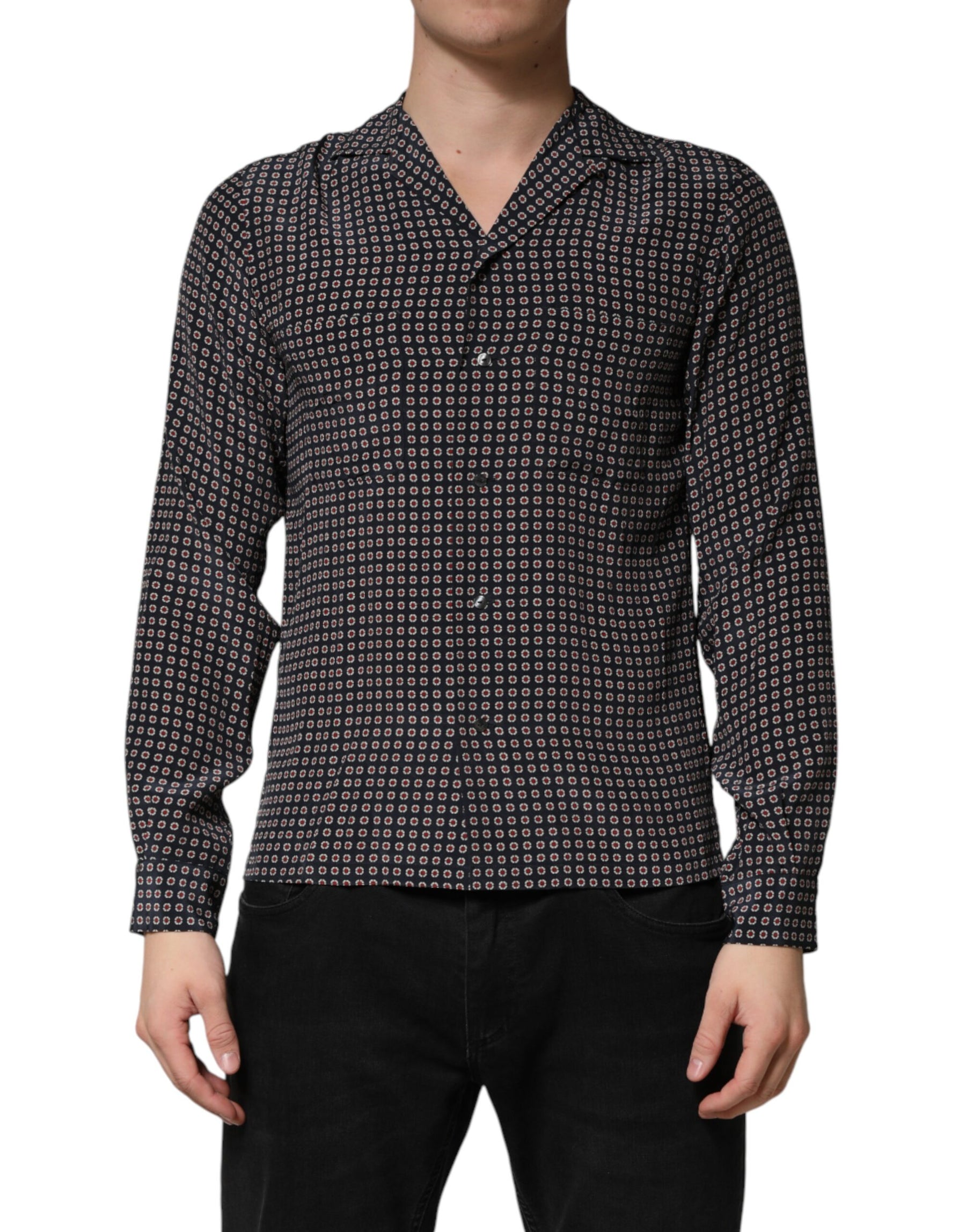 Dolce & Gabbana Black Patterned Silk Men Button Down Shirt | Regal Royce