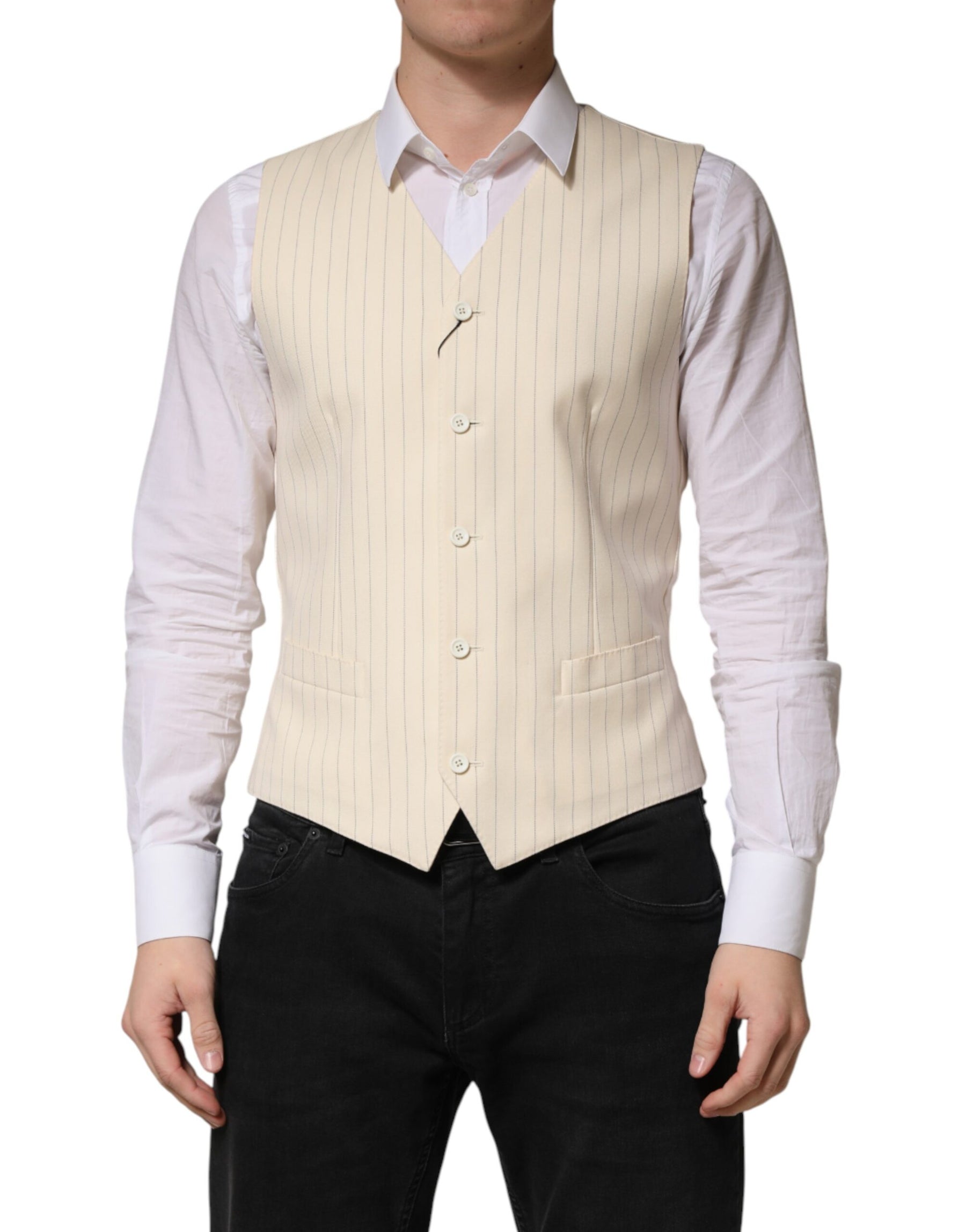 Dolce & Gabbana Beige Stripes Wool Dress Men Waistcoat Vest | Regal Royce