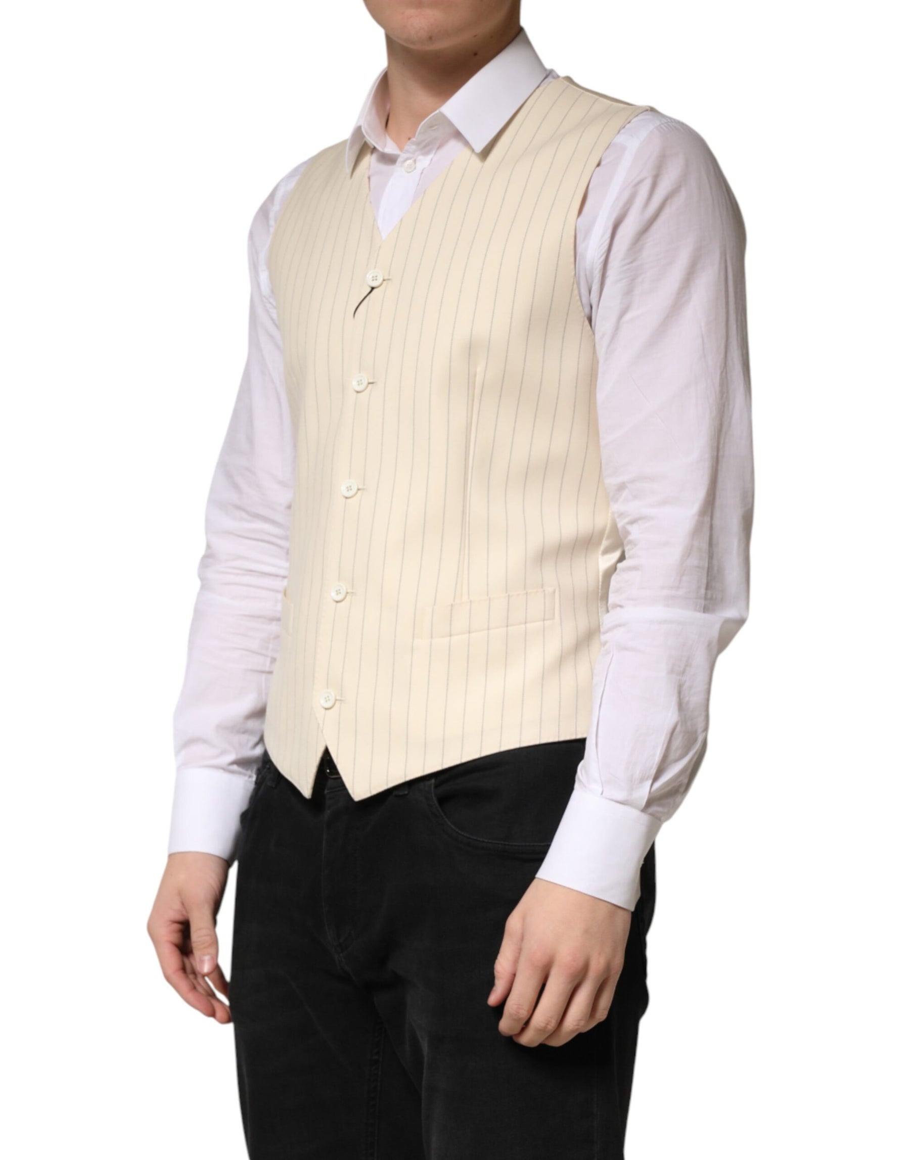 Dolce & Gabbana Beige Stripes Wool Dress Men Waistcoat Vest | Regal Royce