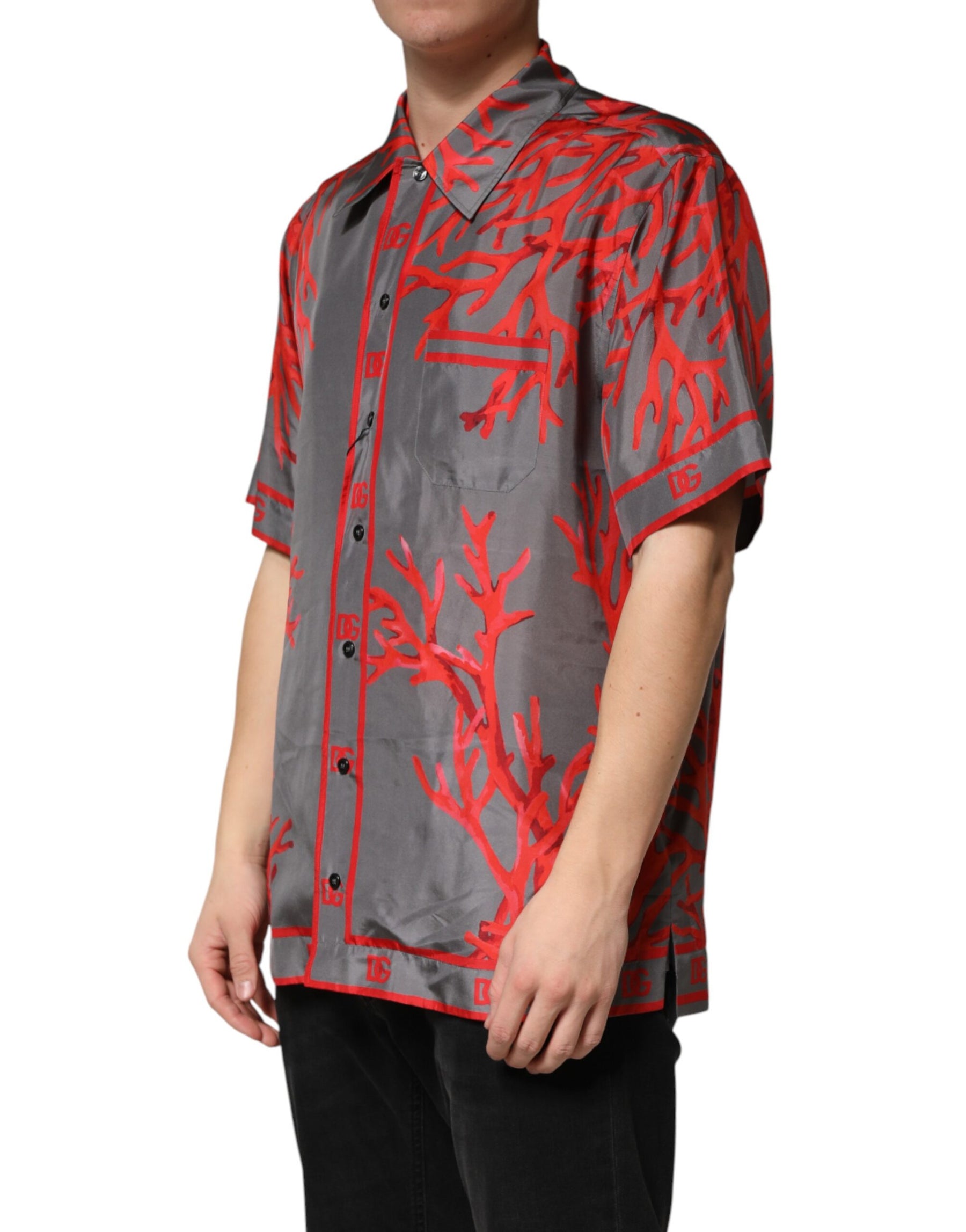Dolce & Gabbana Gray Red Corals Short Sleeves Casual Shirt | Regal Royce