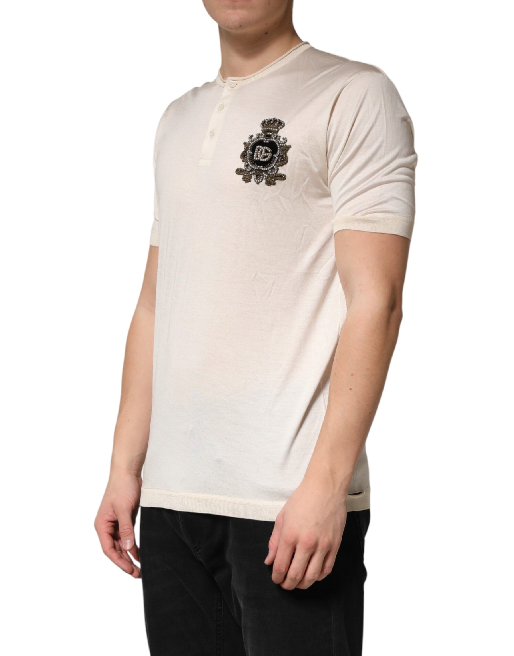 Dolce & Gabbana Off White Silk Logo Patch Men Henley T-shirt | Regal Royce