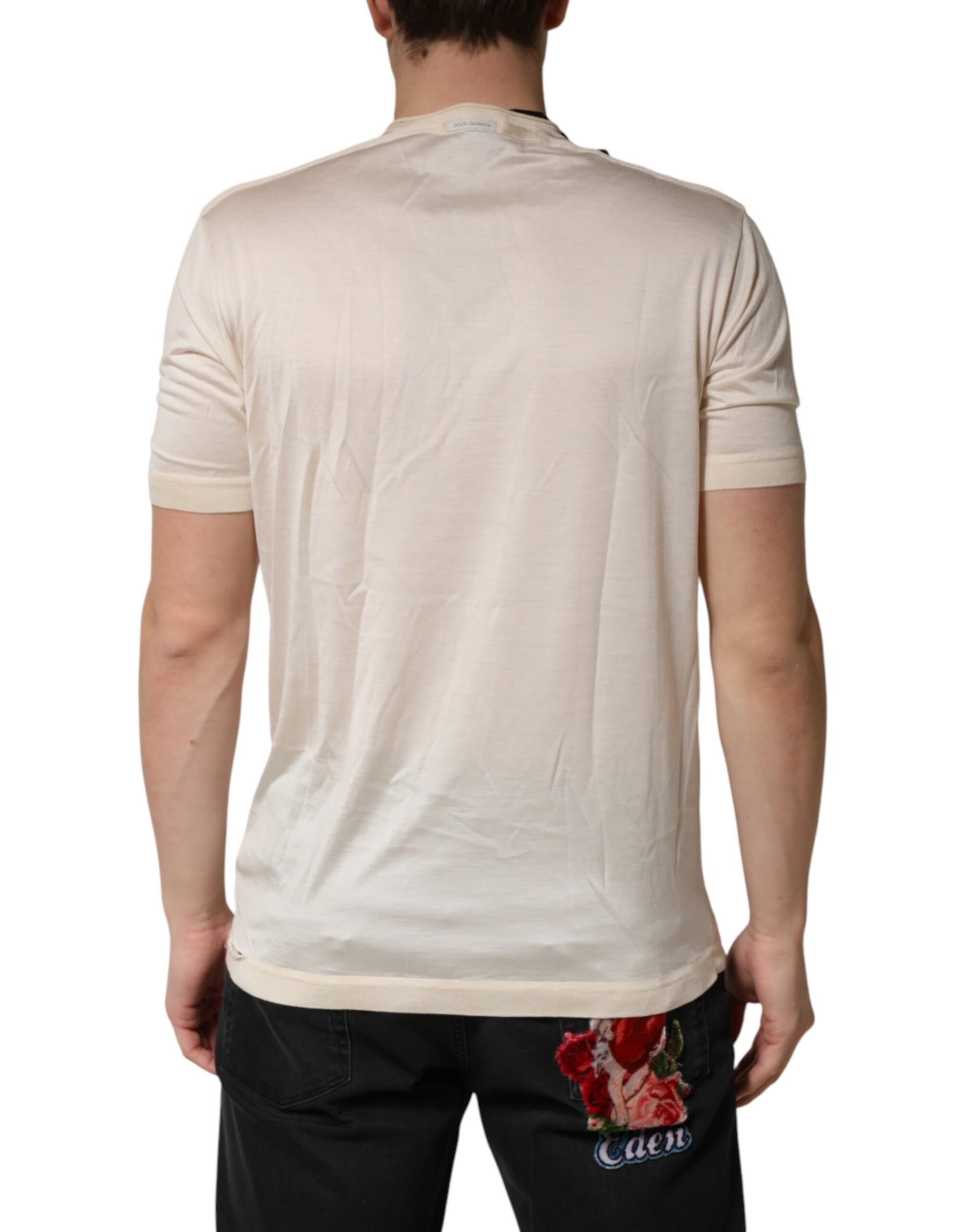 Dolce & Gabbana Off White Silk Logo Patch Men Henley T-shirt | Regal Royce
