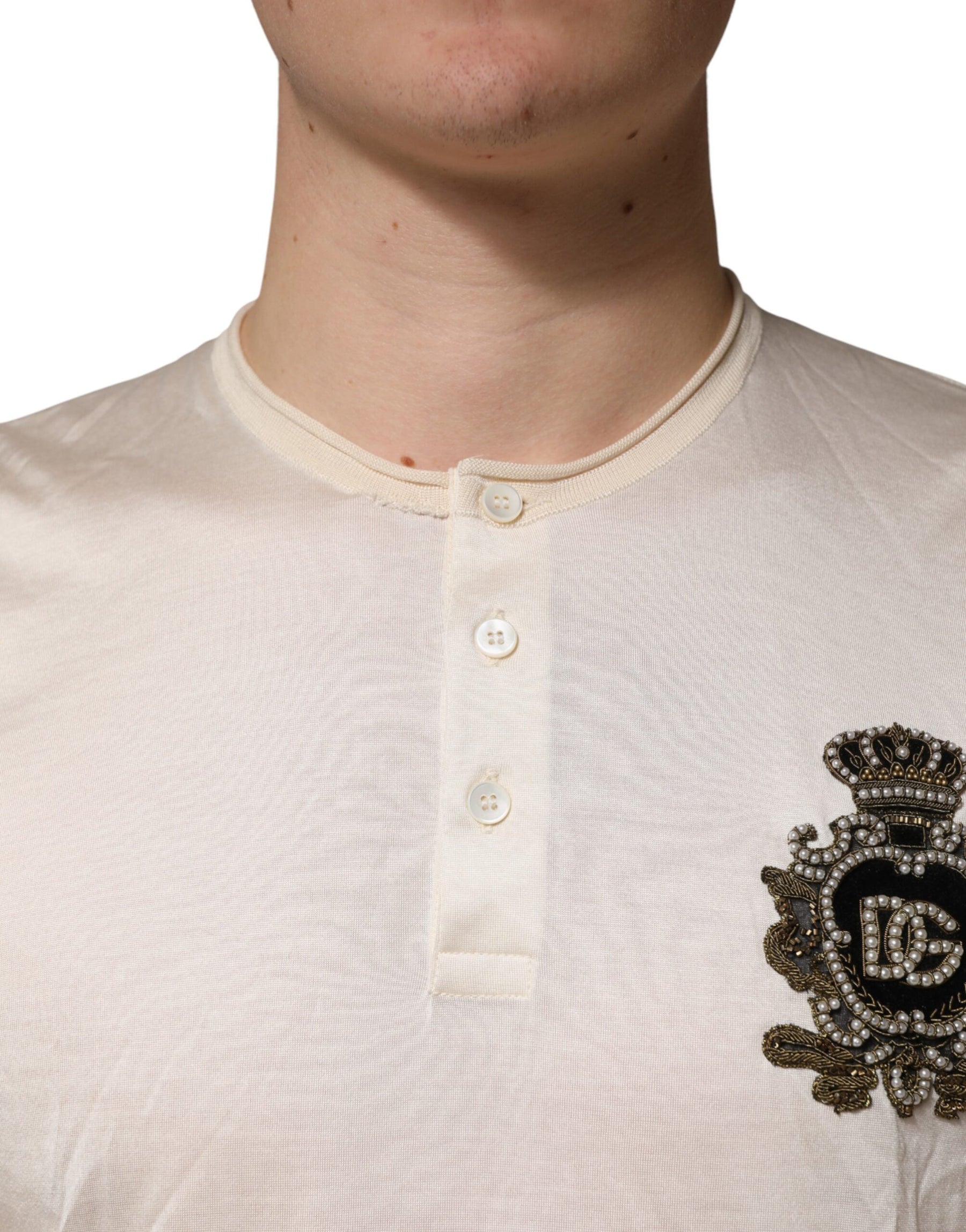 Dolce & Gabbana Off White Silk Logo Patch Men Henley T-shirt | Regal Royce