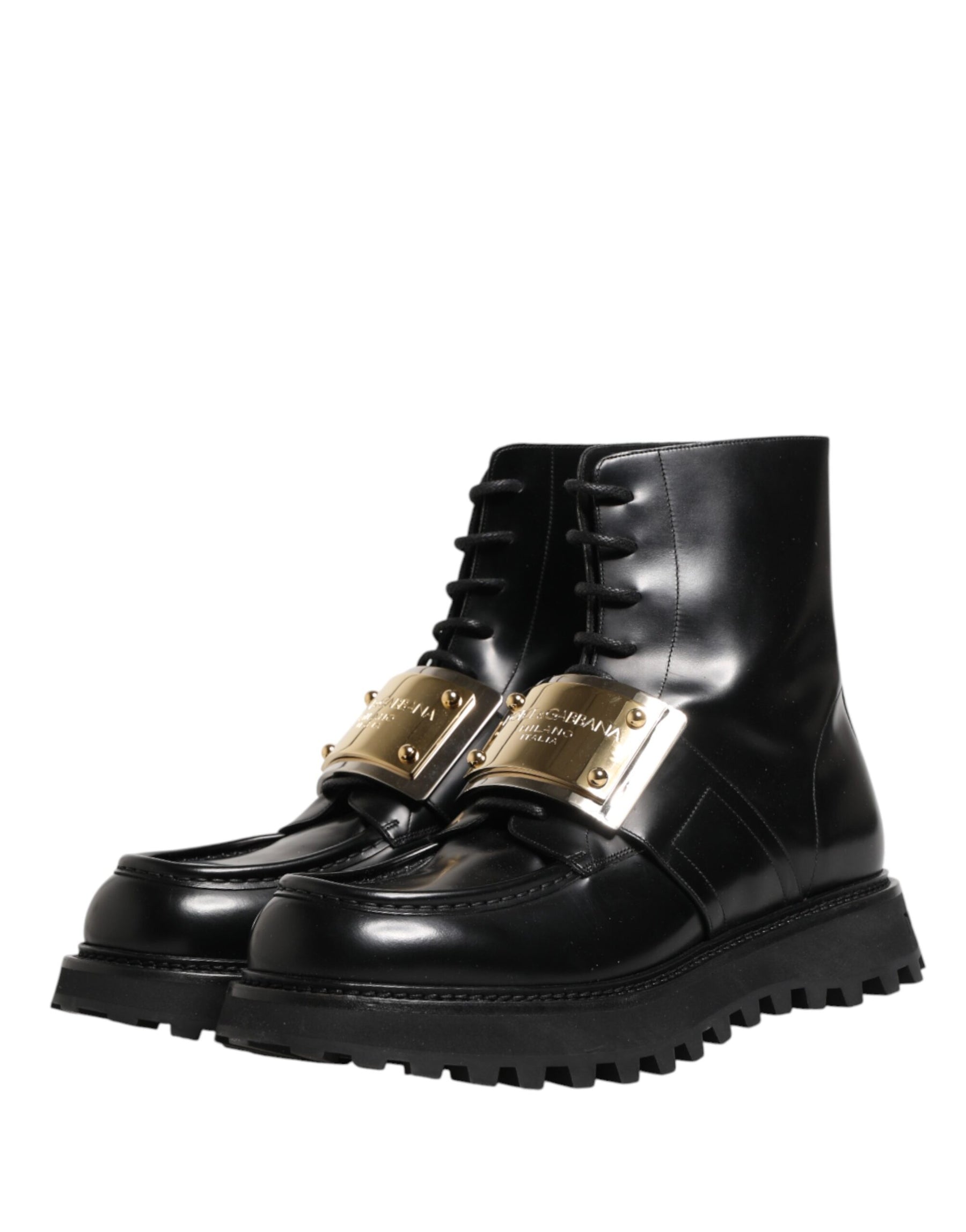 Dolce & Gabbana Black Leather DG Plaque Lace Up Boots Shoes | Regal Royce