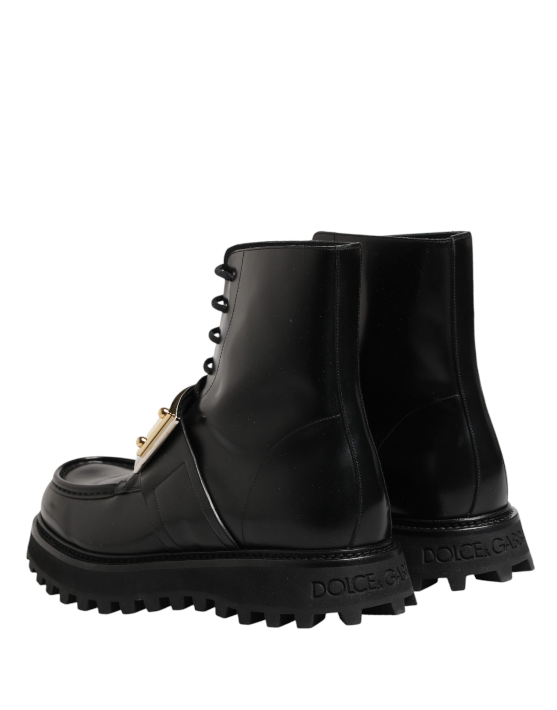 Dolce & Gabbana Black Leather DG Plaque Lace Up Boots Shoes | Regal Royce