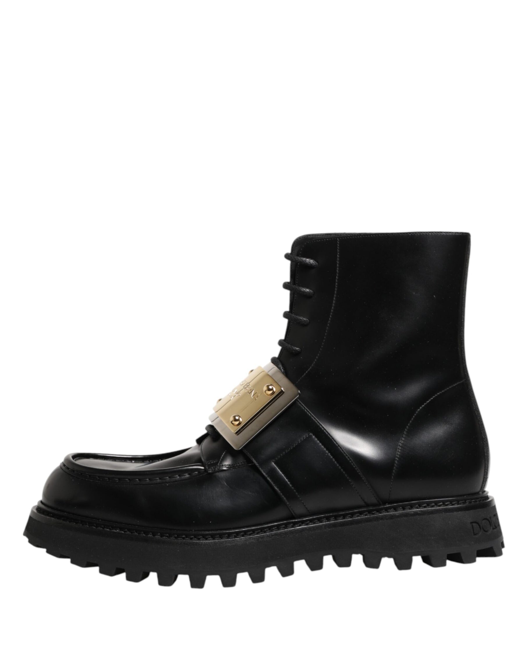 Dolce & Gabbana Black Leather DG Plaque Lace Up Boots Shoes | Regal Royce