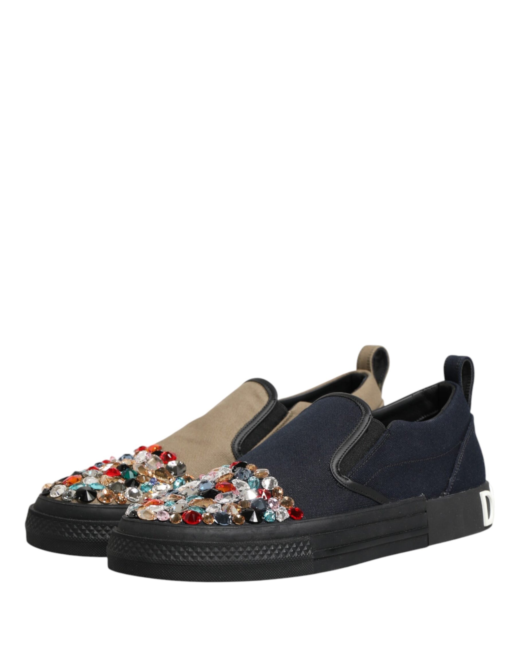 Dolce & Gabbana Blue Canvas Embellished Slip On Men Sneakers Shoes | Regal Royce