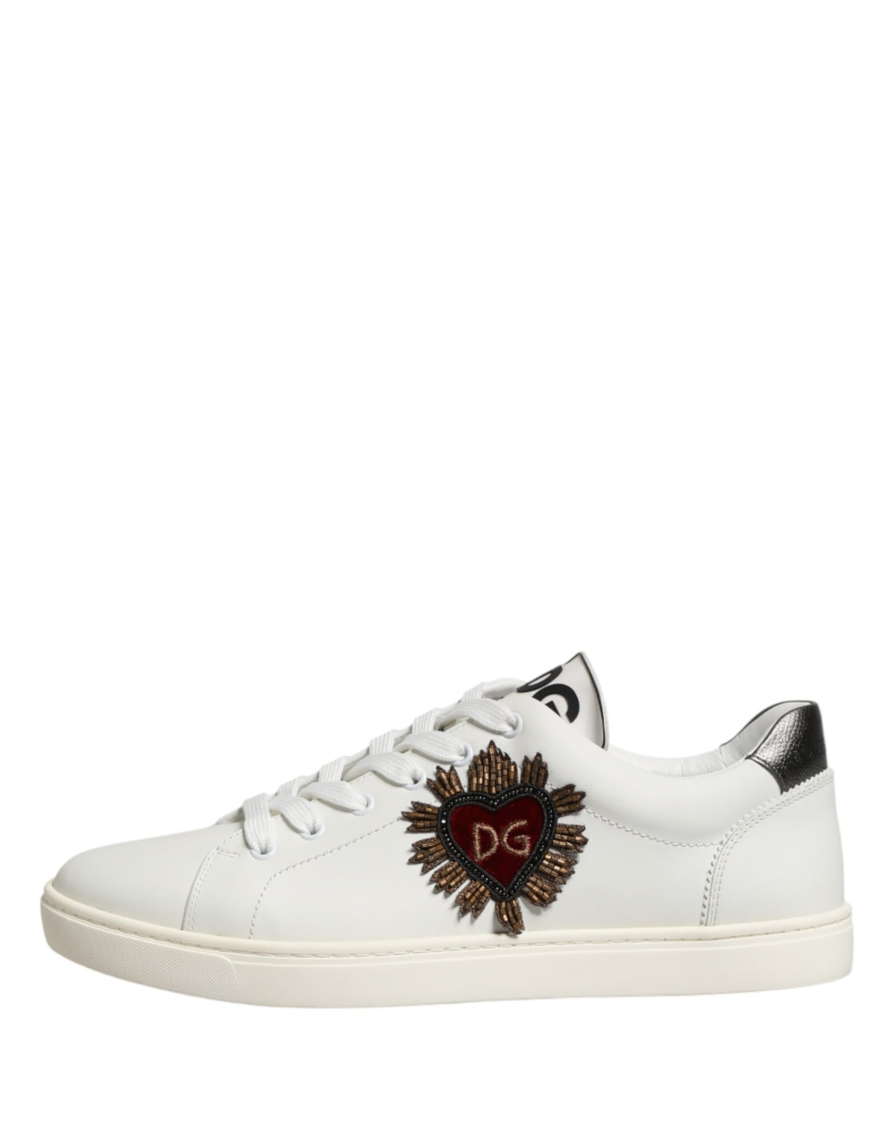 Dolce & Gabbana White Leather Sacred Heart Patch Sneakers Shoes | Regal Royce