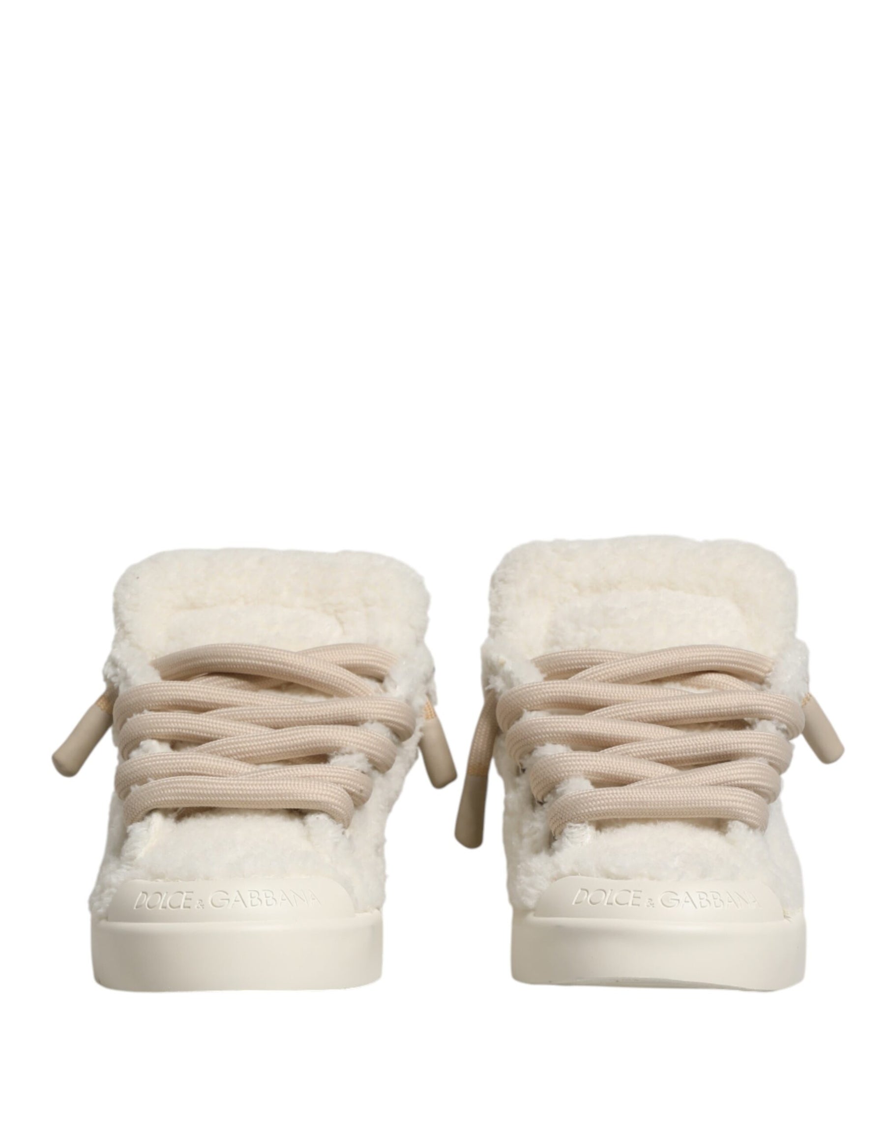 Dolce & Gabbana White Faux Shearling Low Top Sneakers  Shoes | Regal Royce