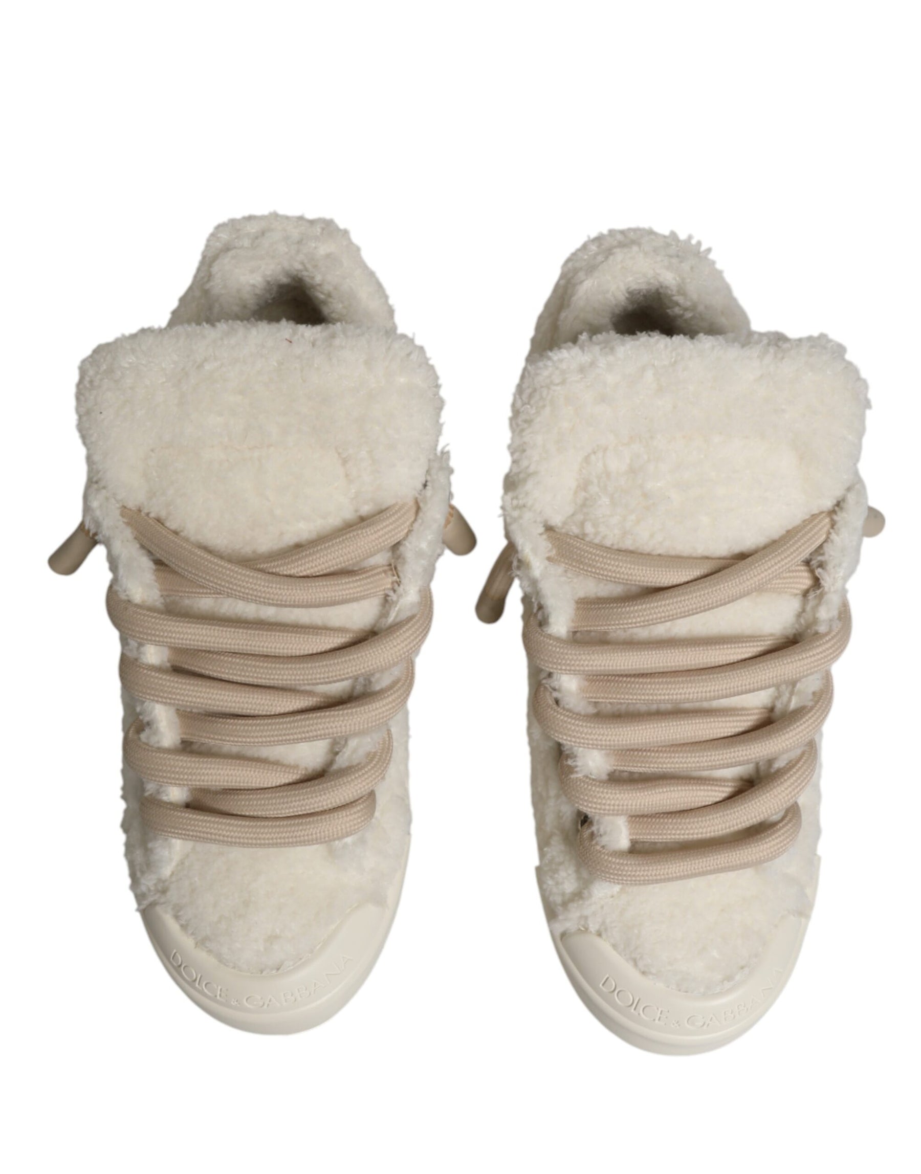 Dolce & Gabbana White Faux Shearling Low Top Sneakers  Shoes | Regal Royce