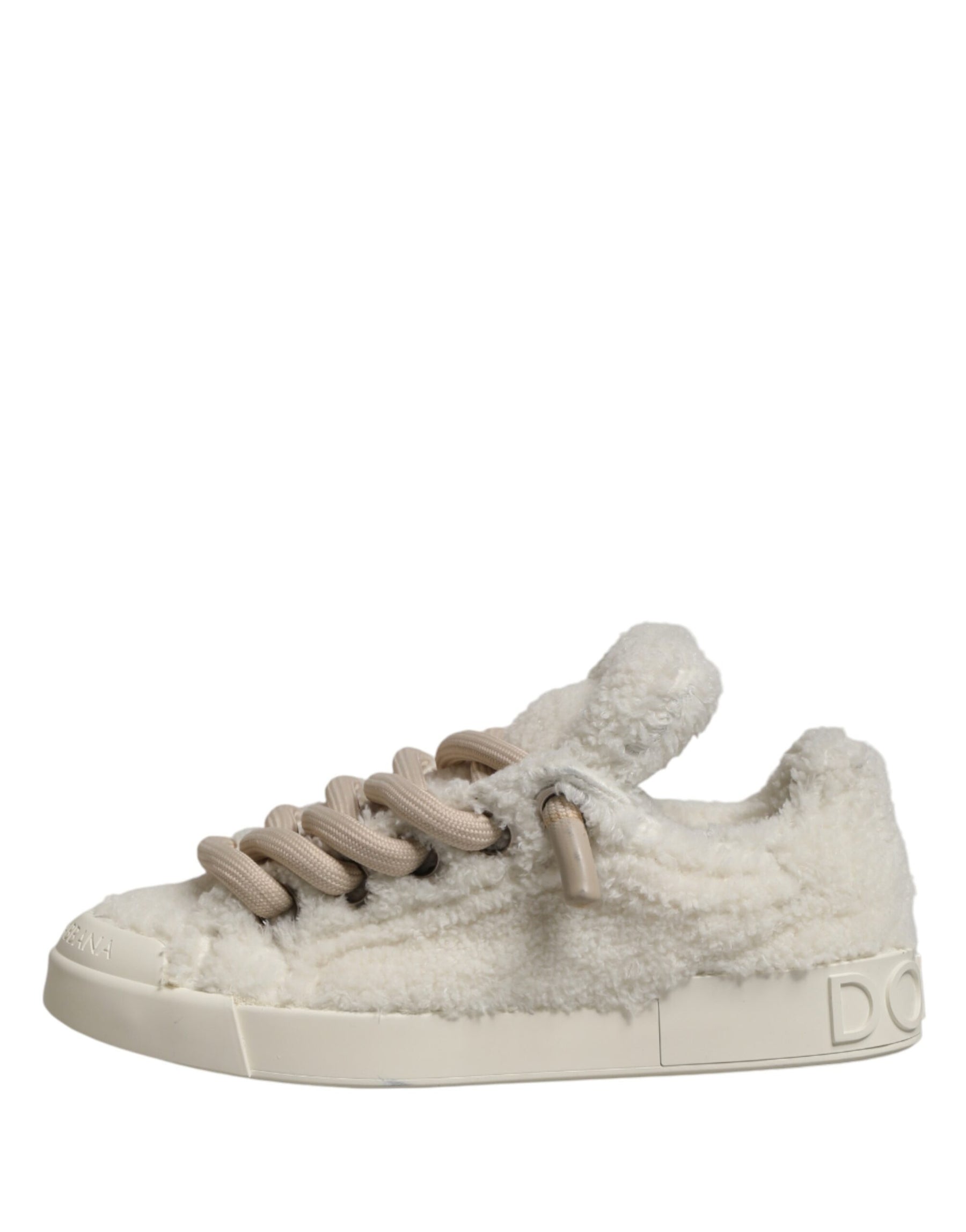 Dolce & Gabbana White Faux Shearling Low Top Sneakers  Shoes | Regal Royce