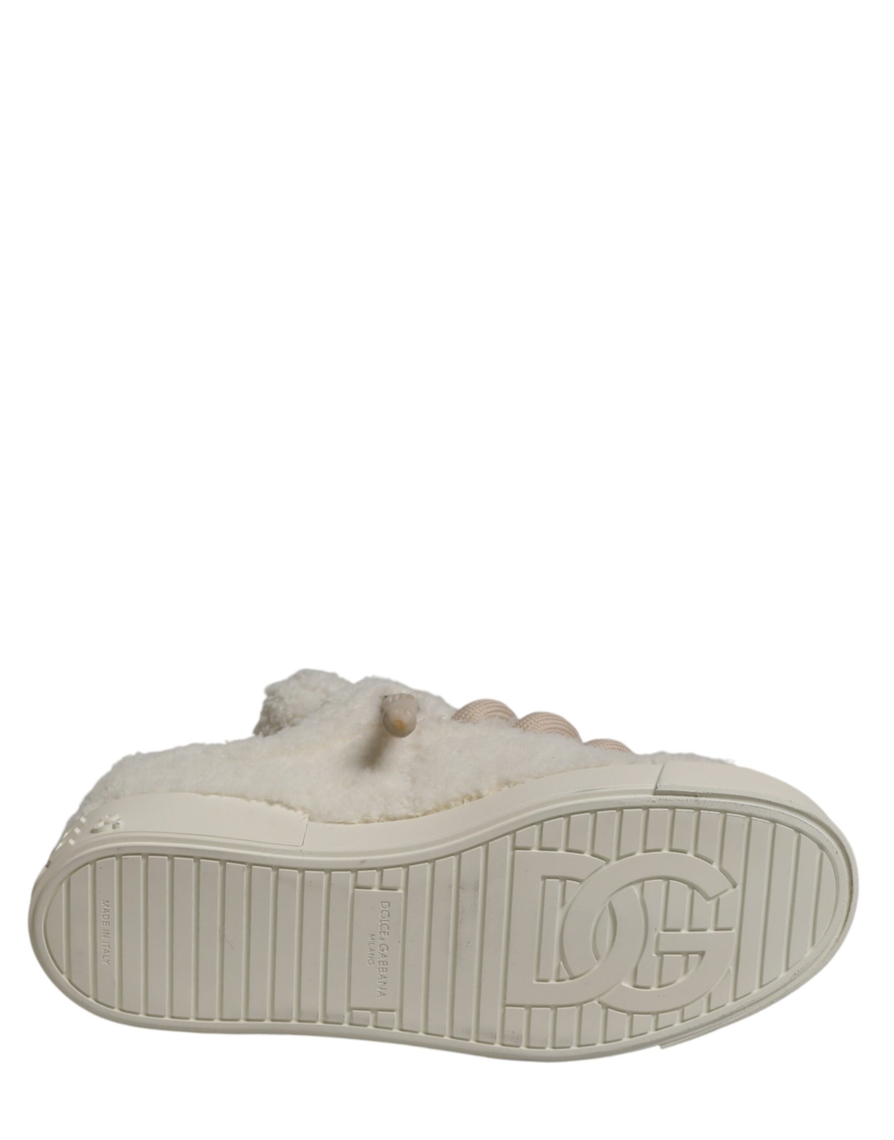 Dolce & Gabbana White Faux Shearling Low Top Sneakers  Shoes | Regal Royce