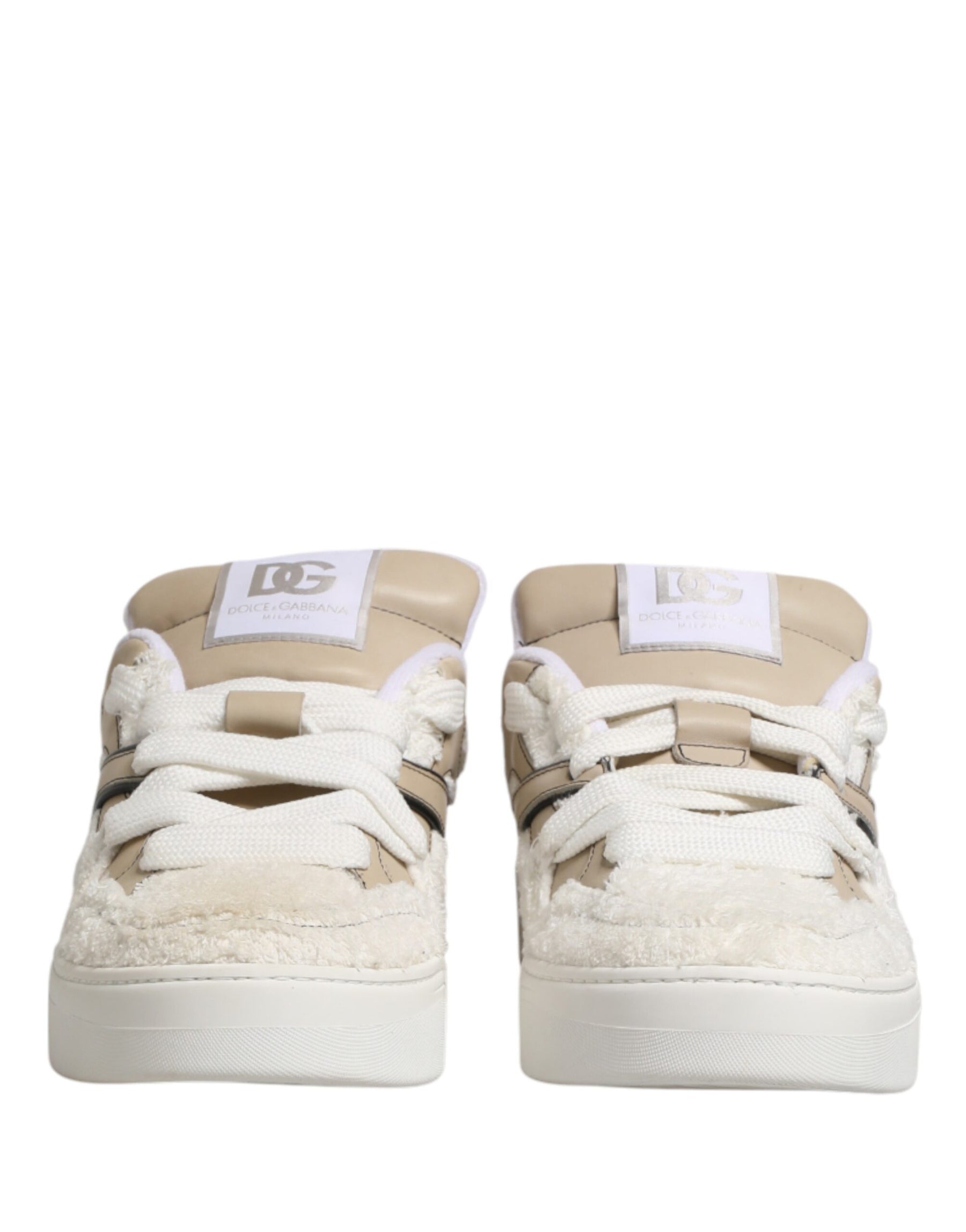 Dolce & Gabbana White Beige Faux Shearling Low Top Sneakers Shoes | Regal Royce