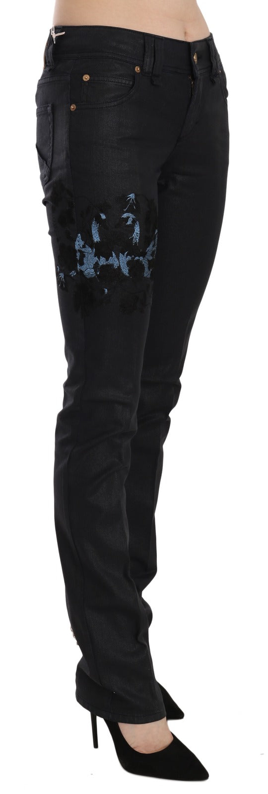 John Galliano Black Swan Floral Embroidered Mid Waist Skinny Denim Jeans | Regal Royce