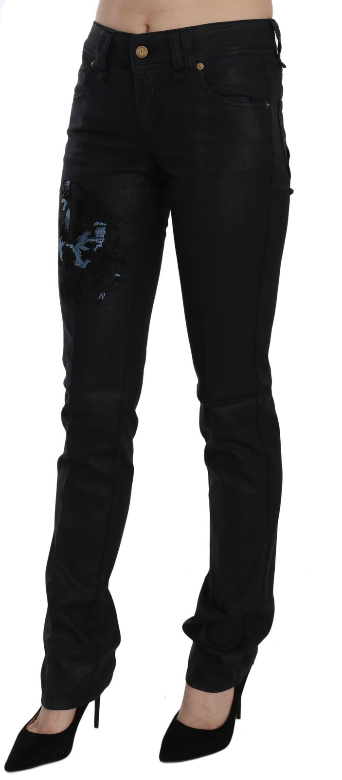 John Galliano Black Swan Floral Embroidered Mid Waist Skinny Denim Jeans | Regal Royce