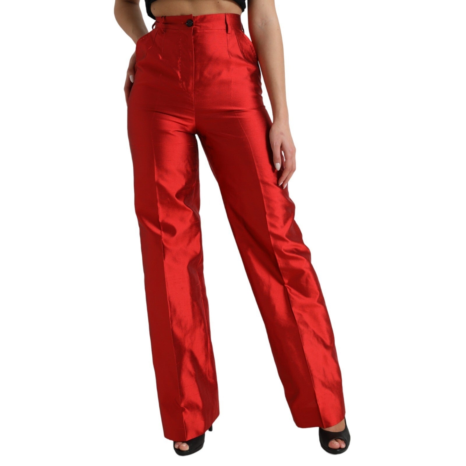 Dolce & Gabbana Red Satin Silk High Waist Wide Leg Pants | Regal Royce