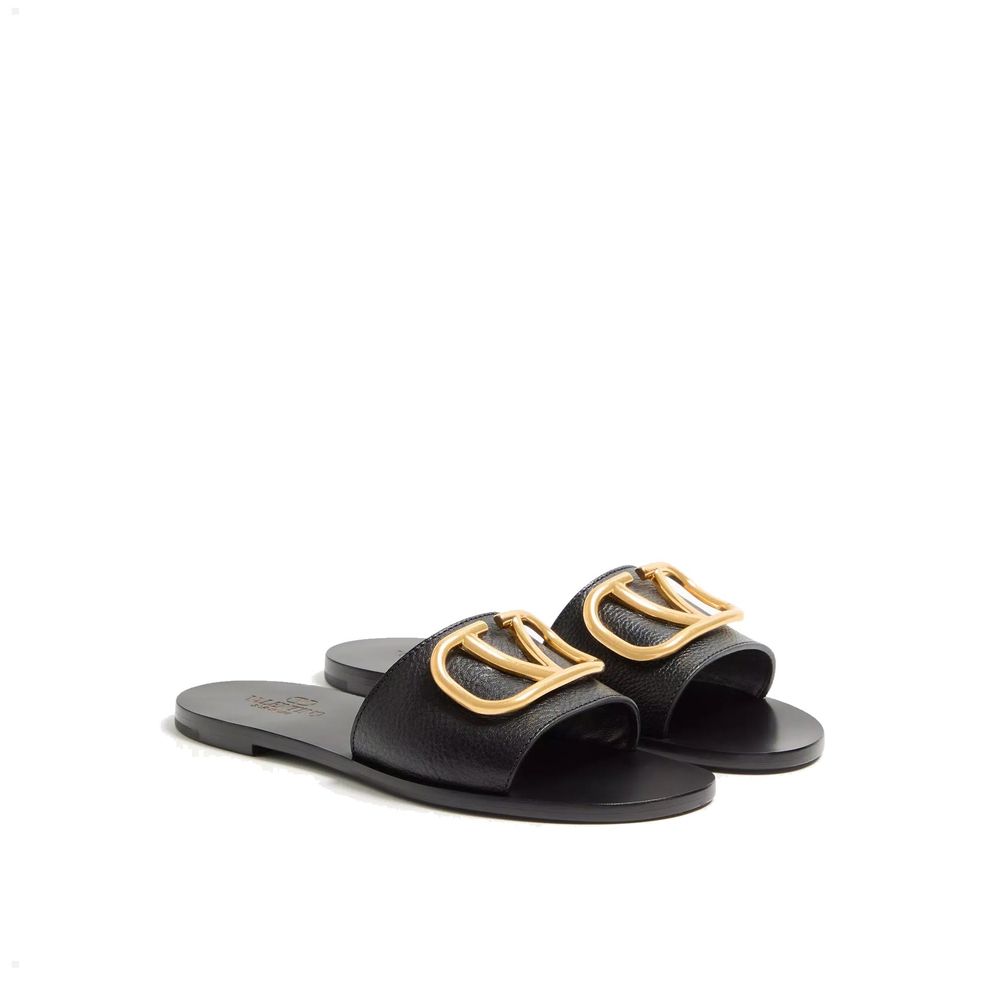Valentino Garavani Black Calfskin Flat Sandals | Regal Royce