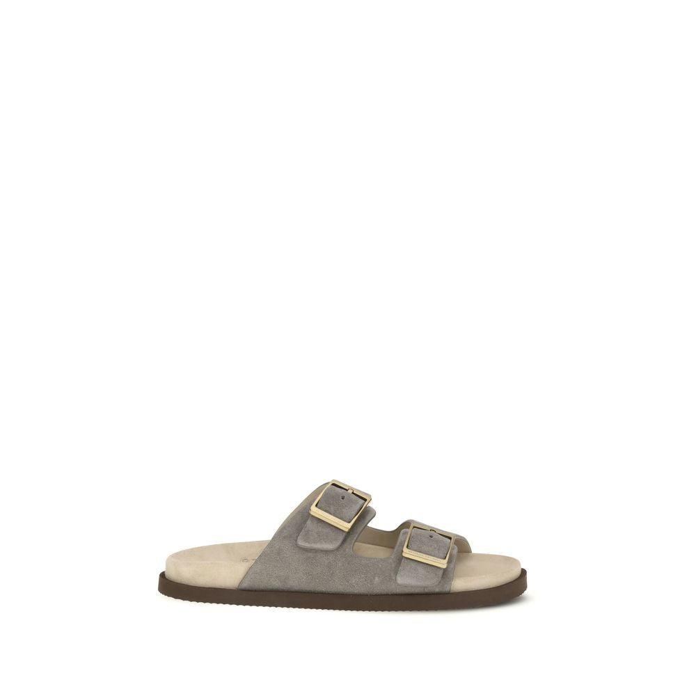 Brunello Cucinelli Gray Calf Leather Bos Taurus Flat Sandals | Regal Royce
