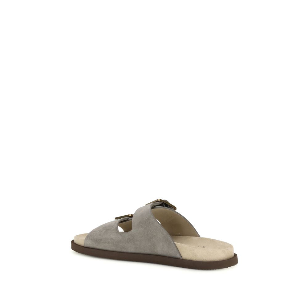 Brunello Cucinelli Gray Calf Leather Bos Taurus Flat Sandals | Regal Royce