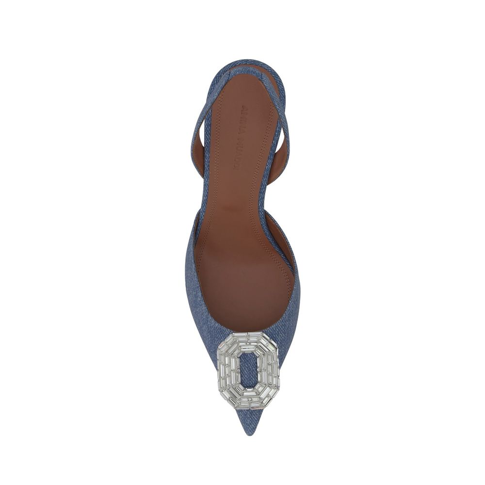 Amina Muaddi Blue Nubuc Leather Mid Heel Pumps | Regal Royce