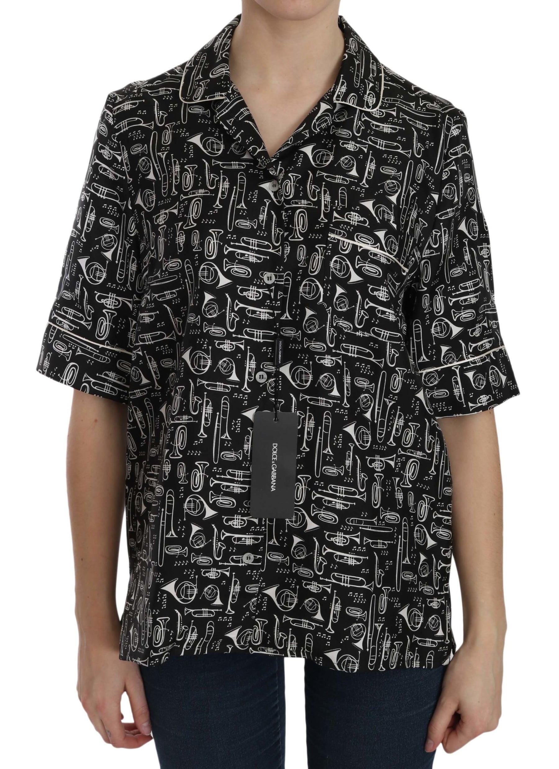 Dolce & Gabbana Black Musical Instrument Print Silk  Top | Regal Royce