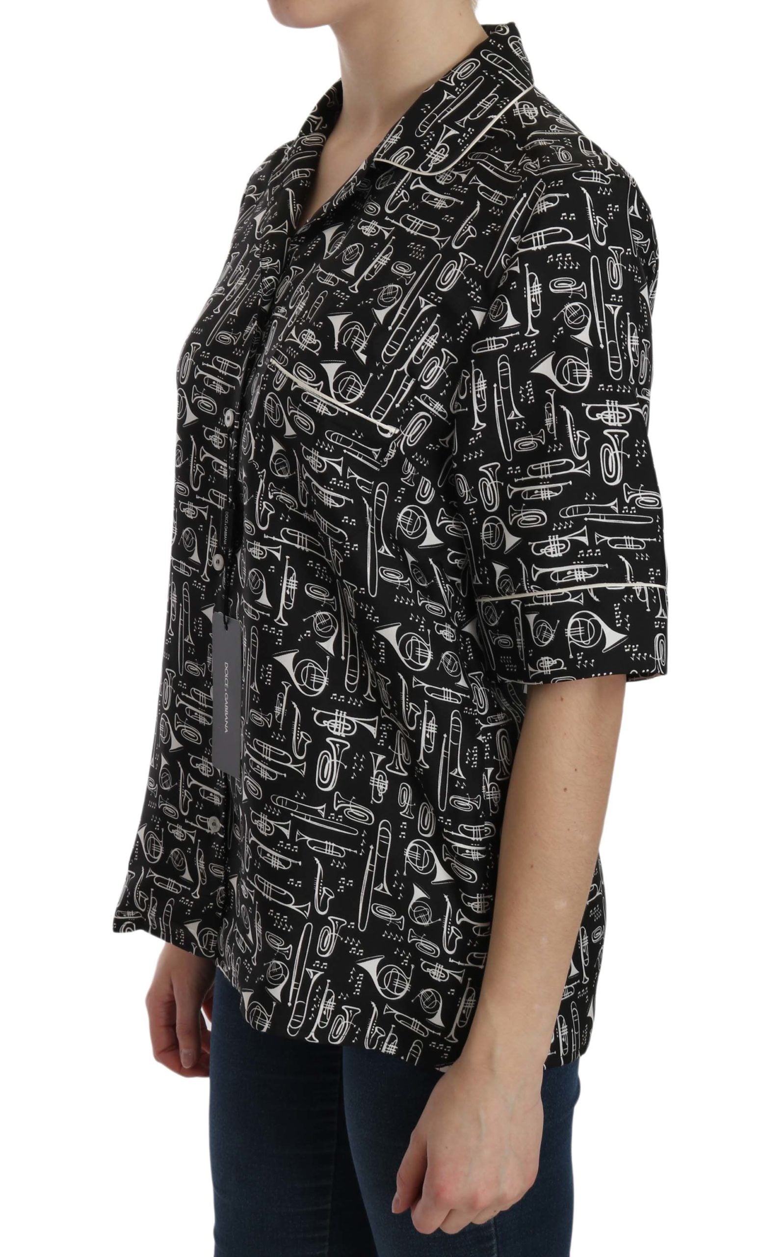 Dolce & Gabbana Black Musical Instrument Print Silk  Top | Regal Royce