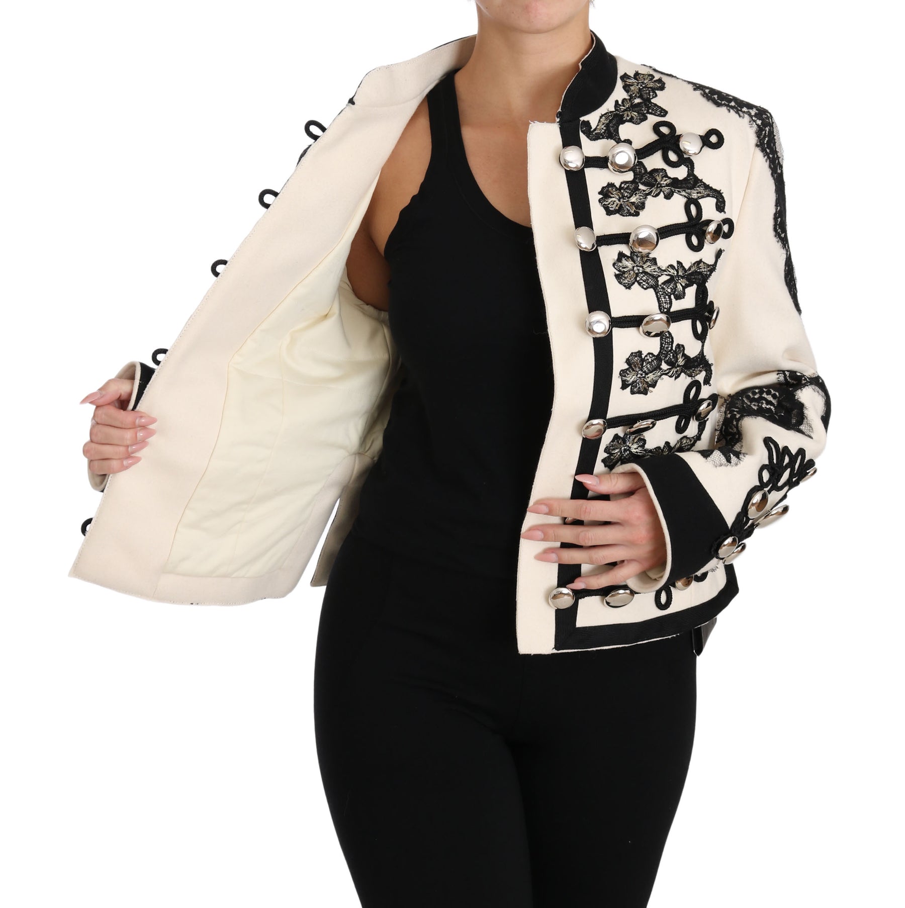 Dolce & Gabbana White Wool Black Floral Baroque Jacket | Regal Royce