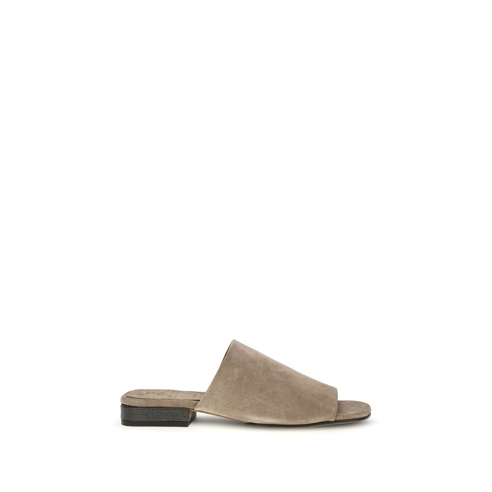 Brunello Cucinelli Gray Calf Leather Bos Taurus Flat Sandals | Regal Royce