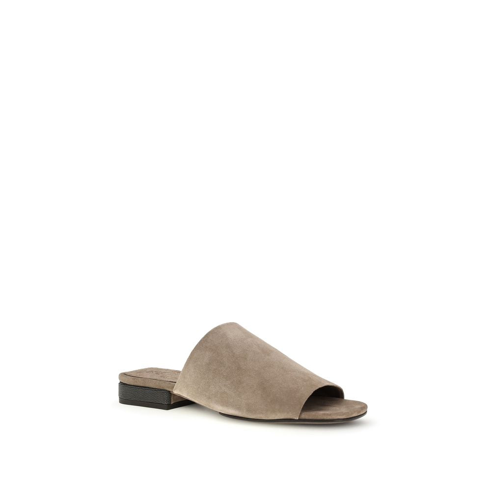 Brunello Cucinelli Gray Calf Leather Bos Taurus Flat Sandals | Regal Royce