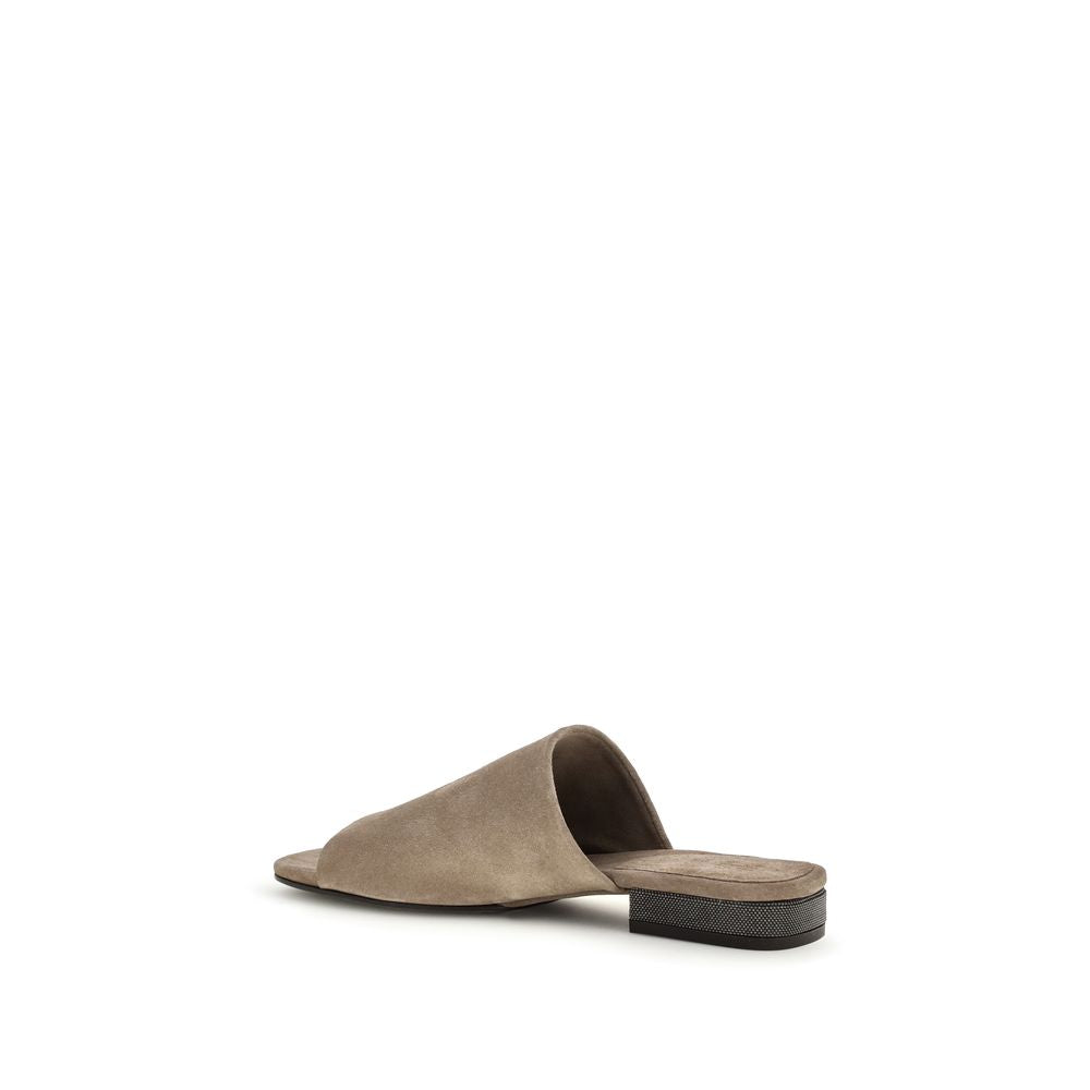 Brunello Cucinelli Gray Calf Leather Bos Taurus Flat Sandals | Regal Royce