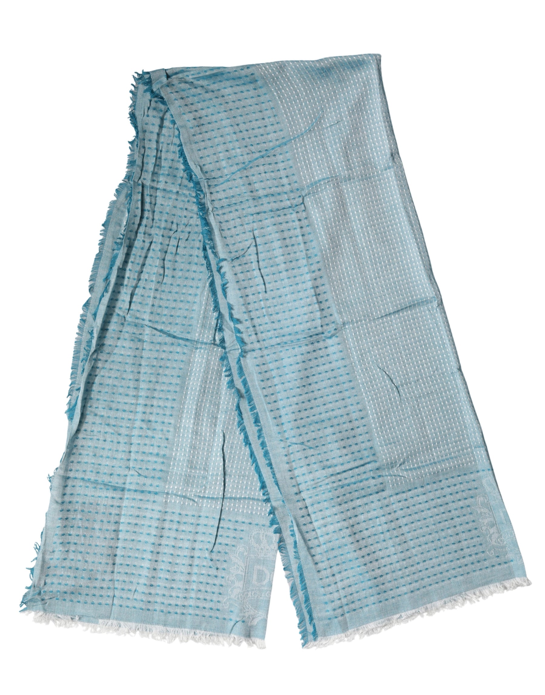 Dolce & Gabbana Light Blue Silk Blend Fringed Logo 185cm x 73.5cm Scarf | Regal Royce