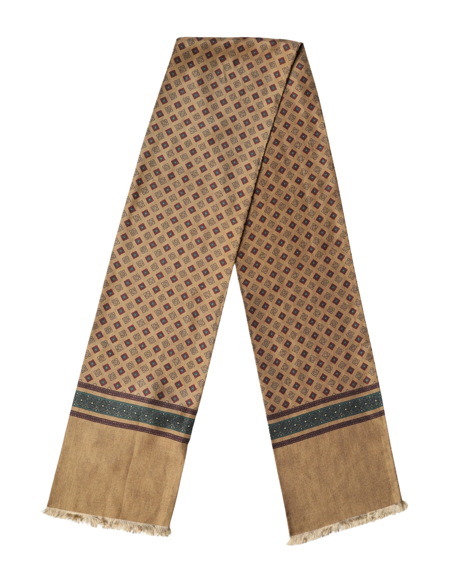 Dolce & Gabbana Brown Silk Geometric Pattern Fringe 132cm X 16cm Scarf | Regal Royce
