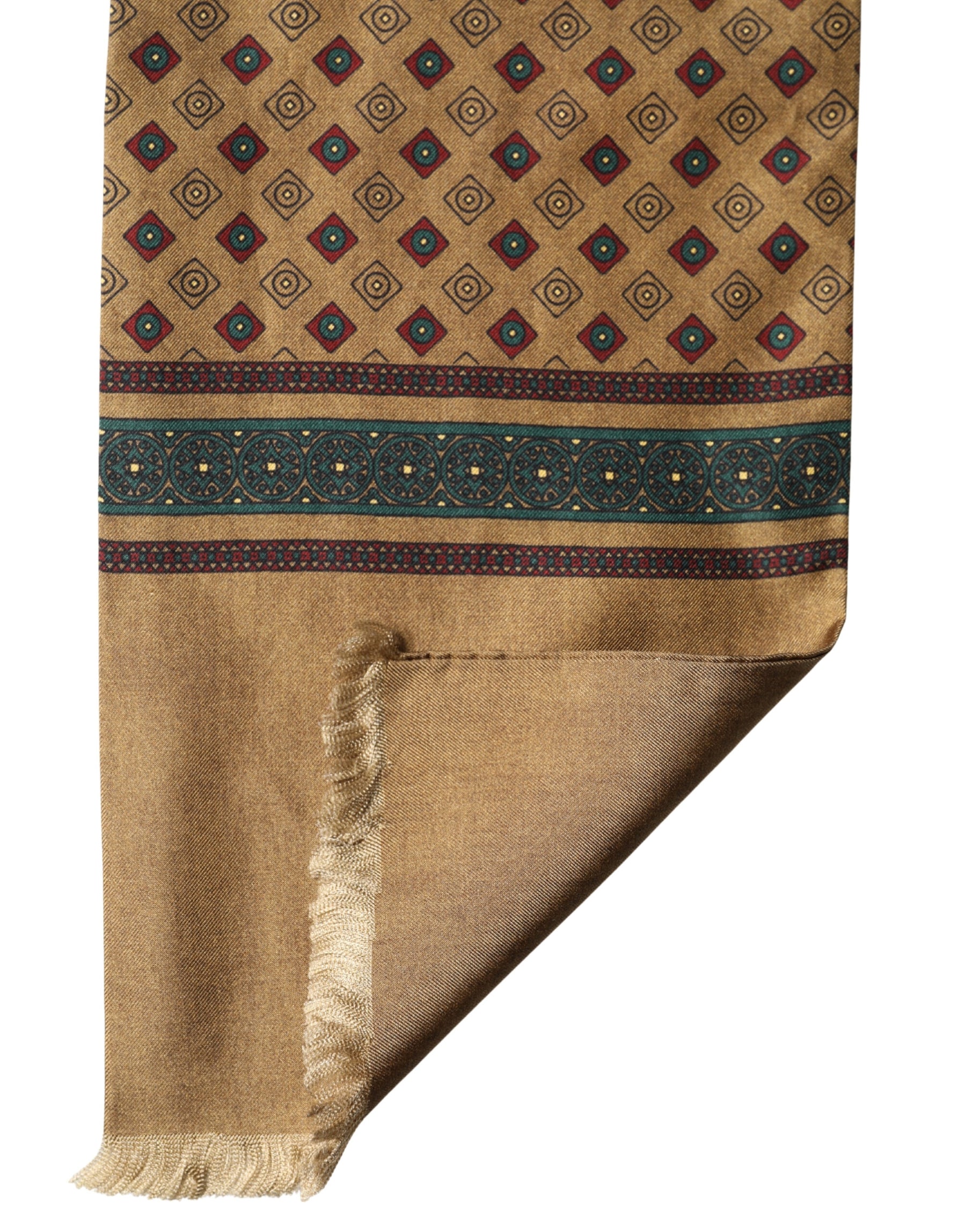 Dolce & Gabbana Brown Silk Geometric Pattern Fringe 132cm X 16cm Scarf | Regal Royce