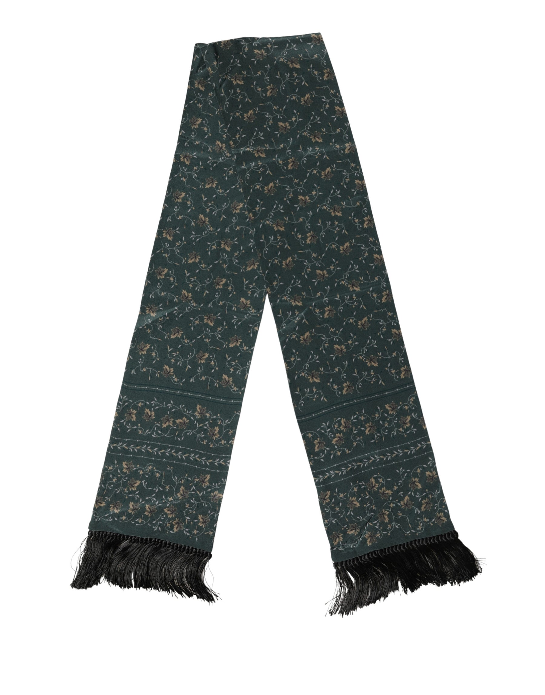Dolce & Gabbana Green Silk Floral Pattern Fringed 135cm X 16cm  Scarf | Regal Royce